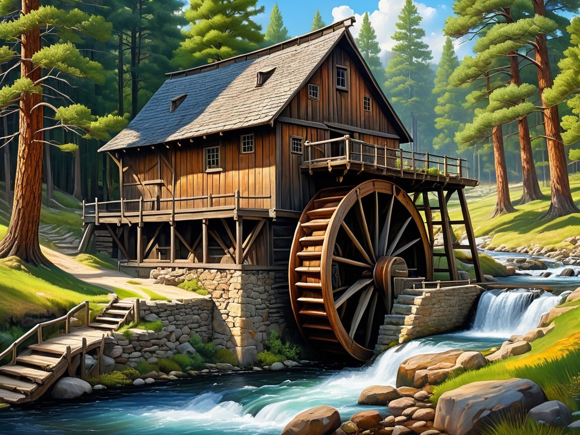 Wooden watermill beside a flowing stream in nature