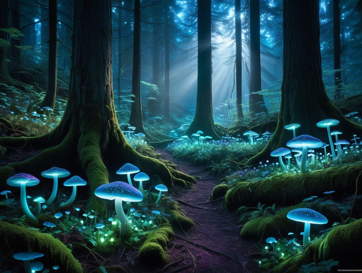 Serene forest scene with glowing blue and green mushrooms