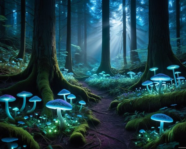 Serene forest scene with glowing blue and green mushrooms
