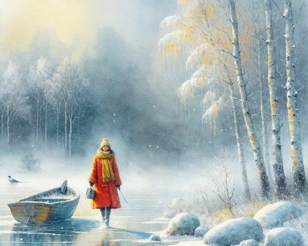 Winter Landscape with Figure on Frozen Lake
