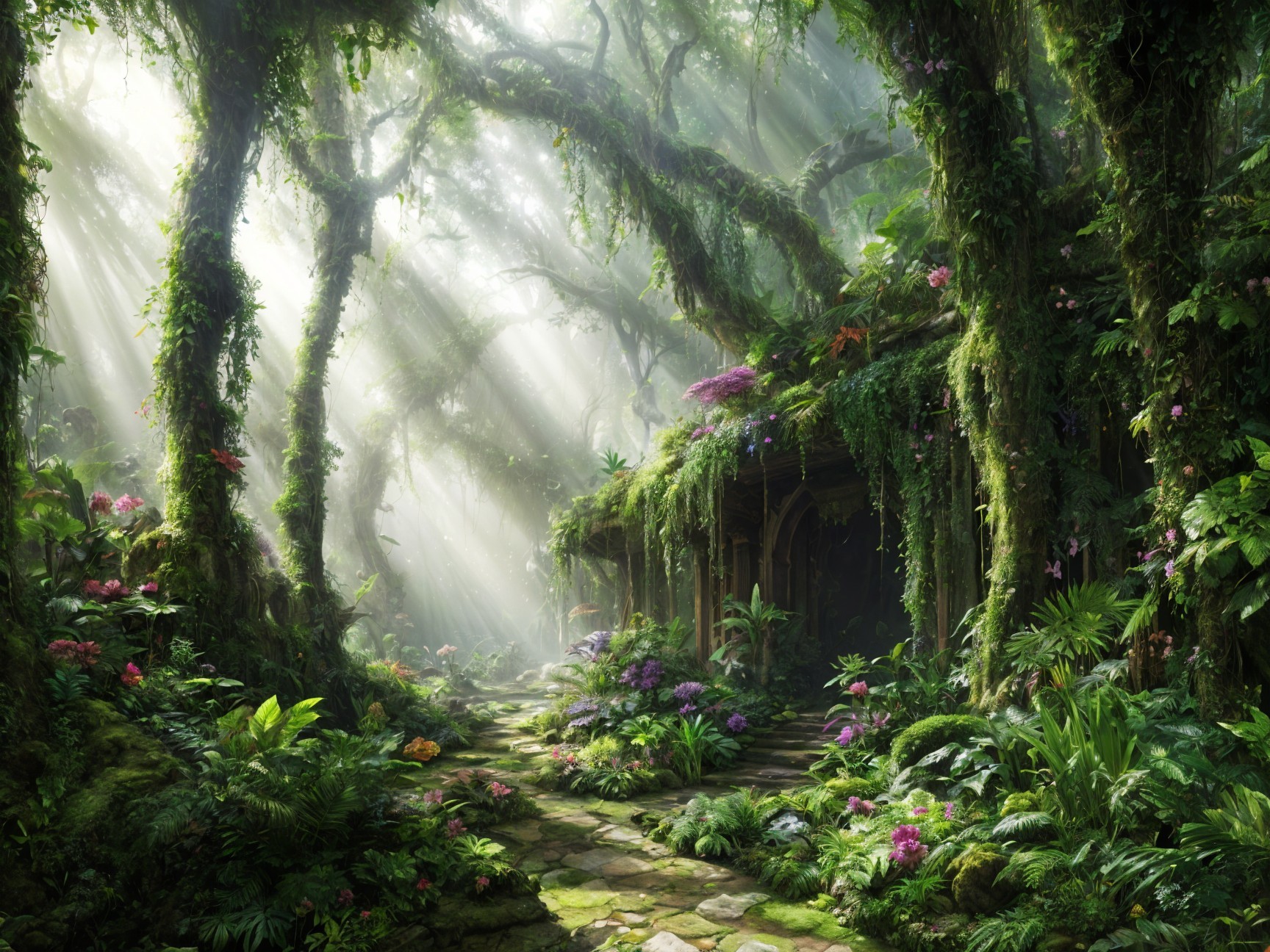 Enchanted Forest with Lush Greenery and Flowers