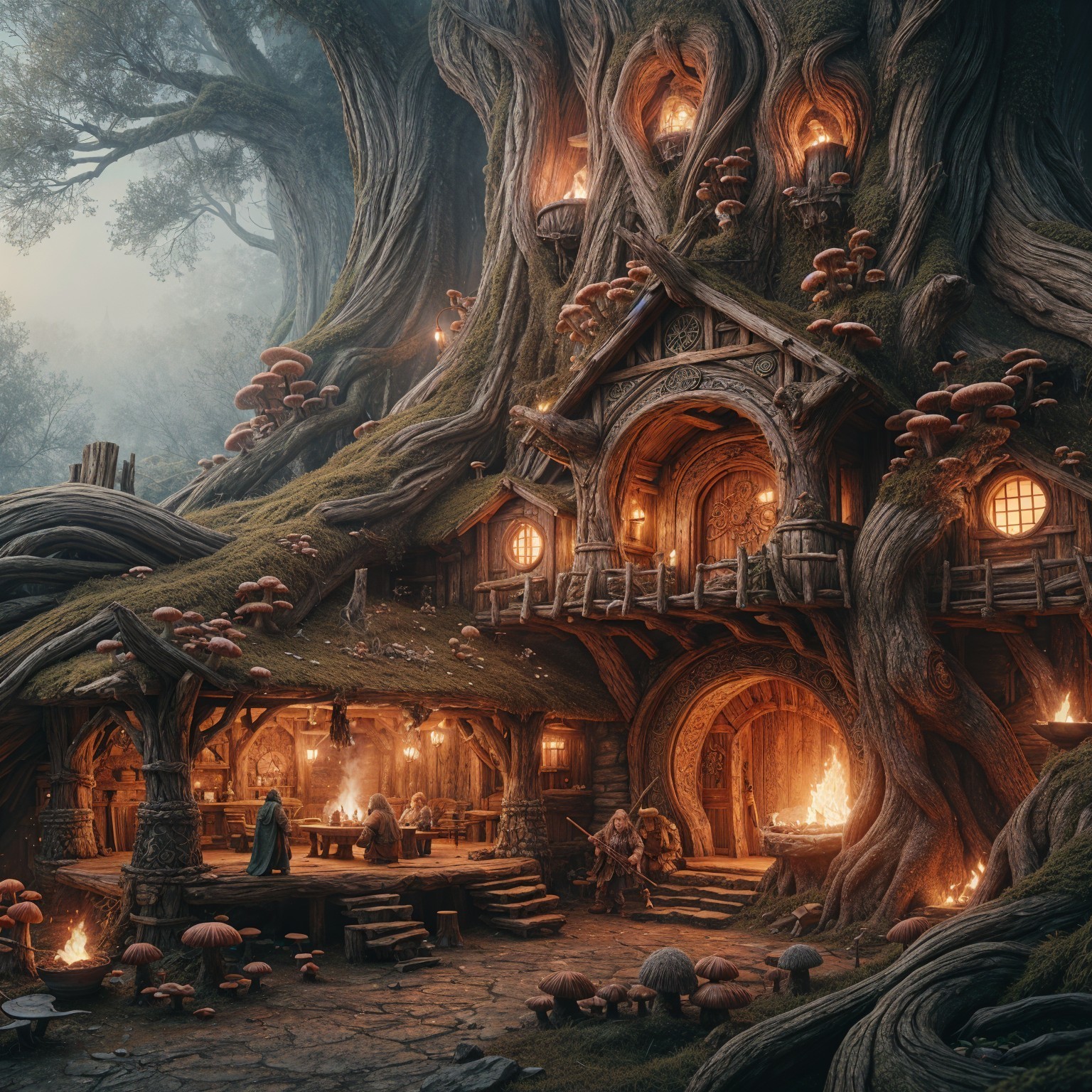 Whimsical Treehouse in a Colossal Tree with Fire