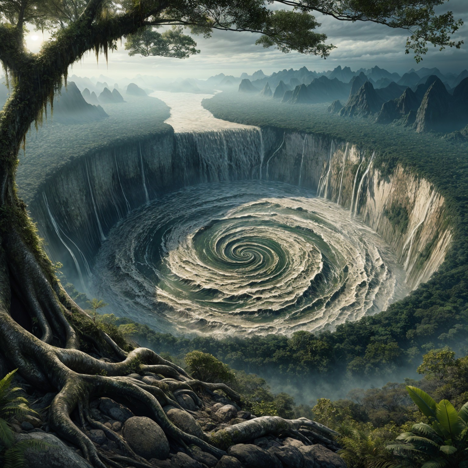 Vortex Landscape with Waterfall and Lush Mountains