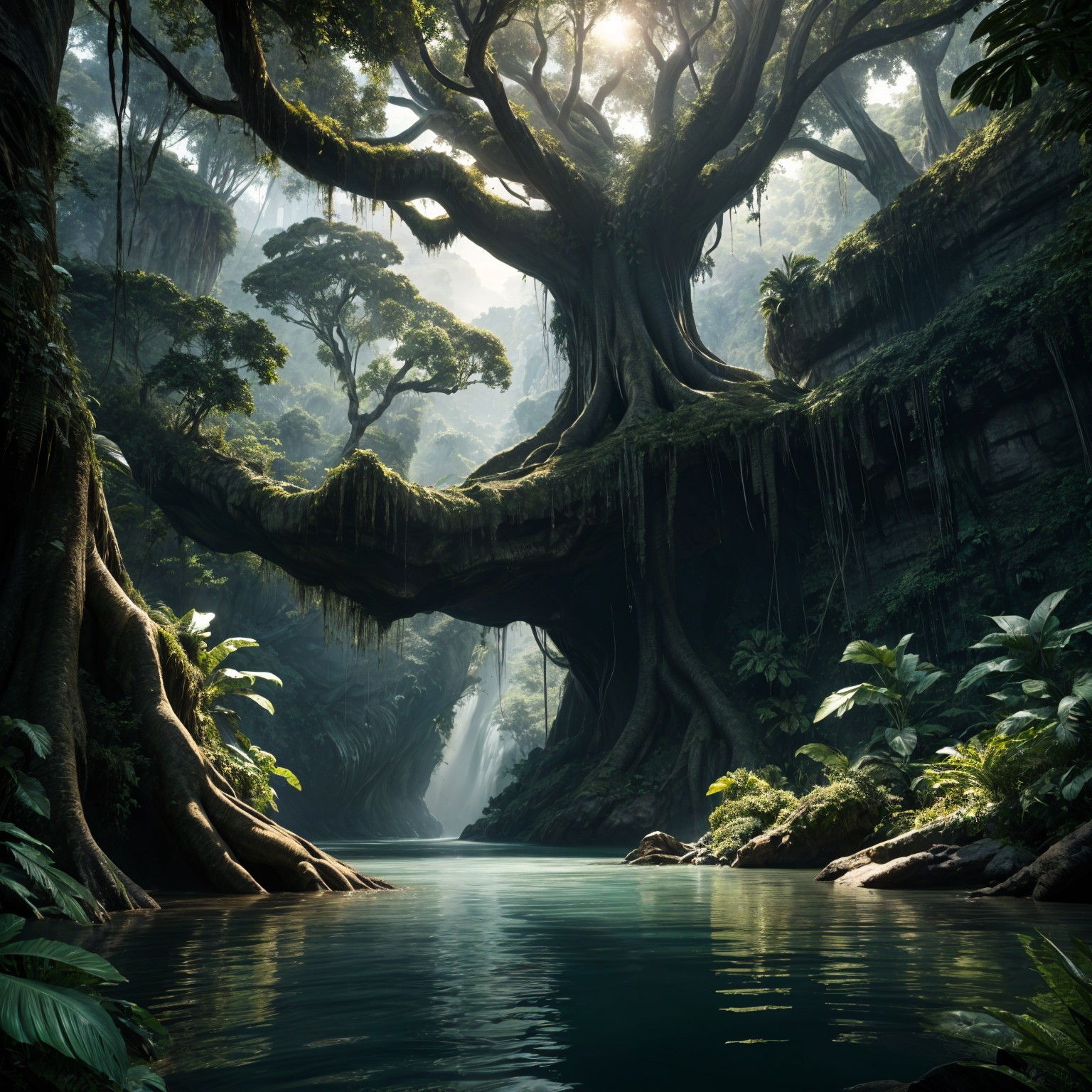 Serene jungle landscape with ancient tree and river