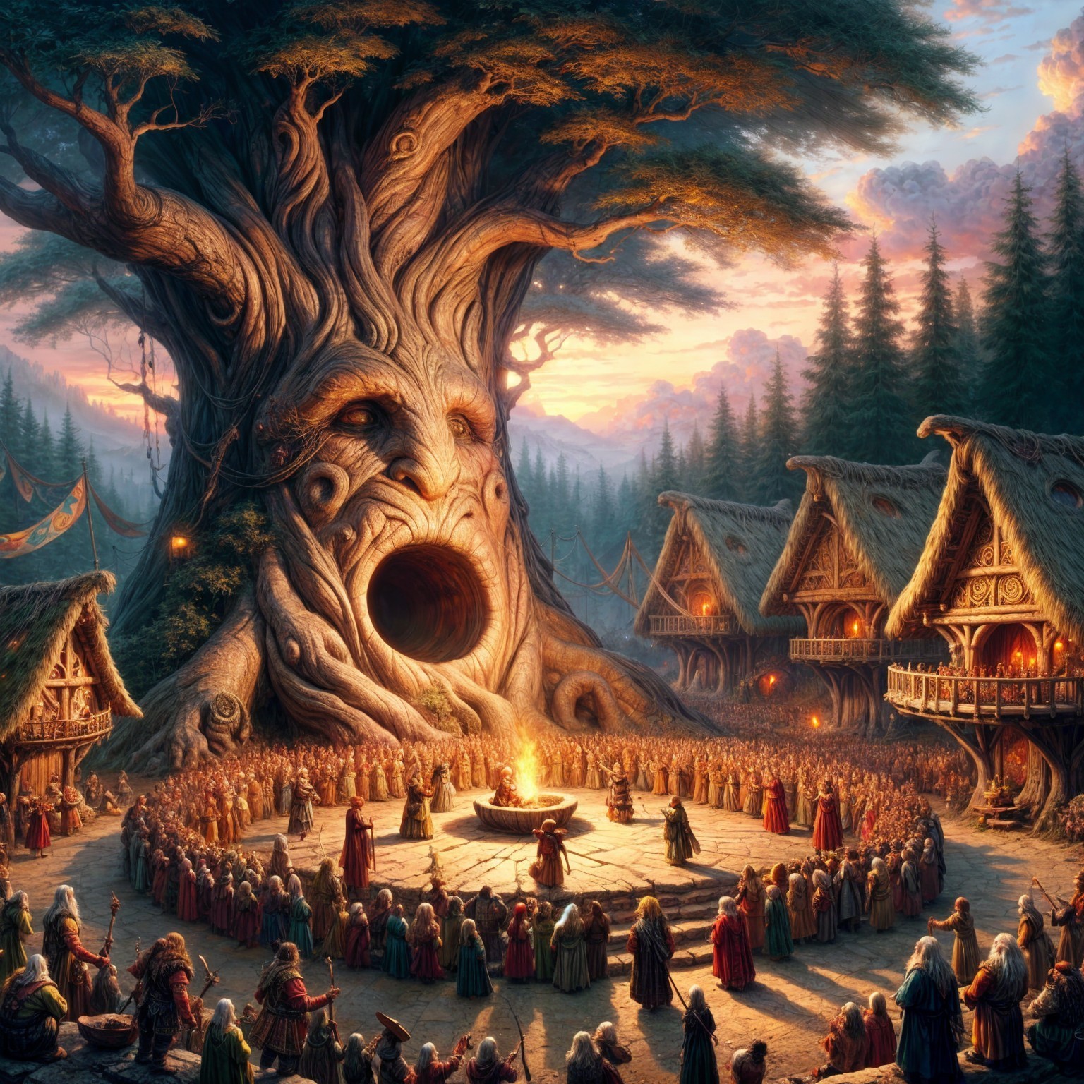 Ancient Tree Overlooks Ceremonial Gathering at Sunset