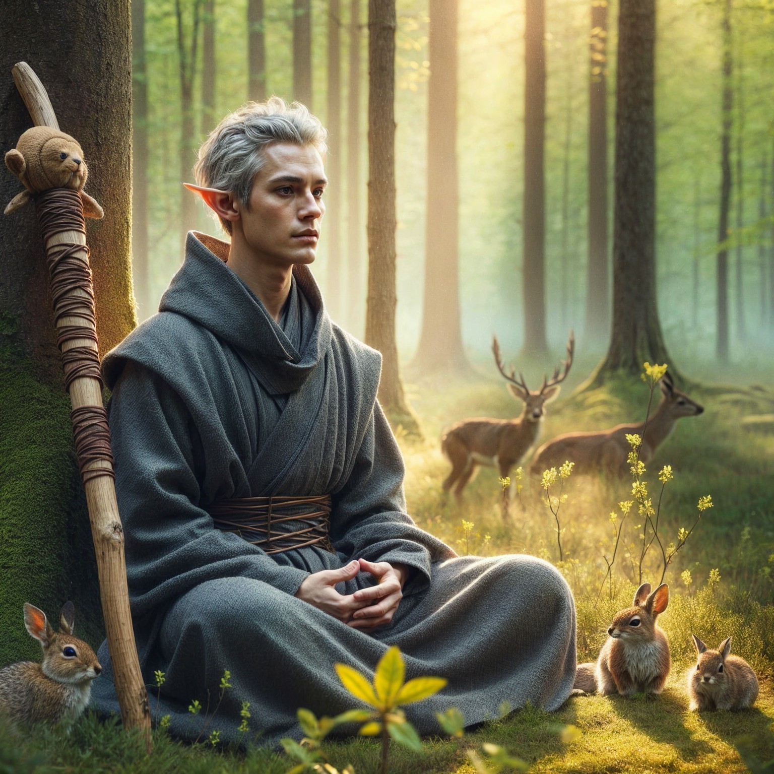 Young Elf Meditating in a Serene Forest Setting