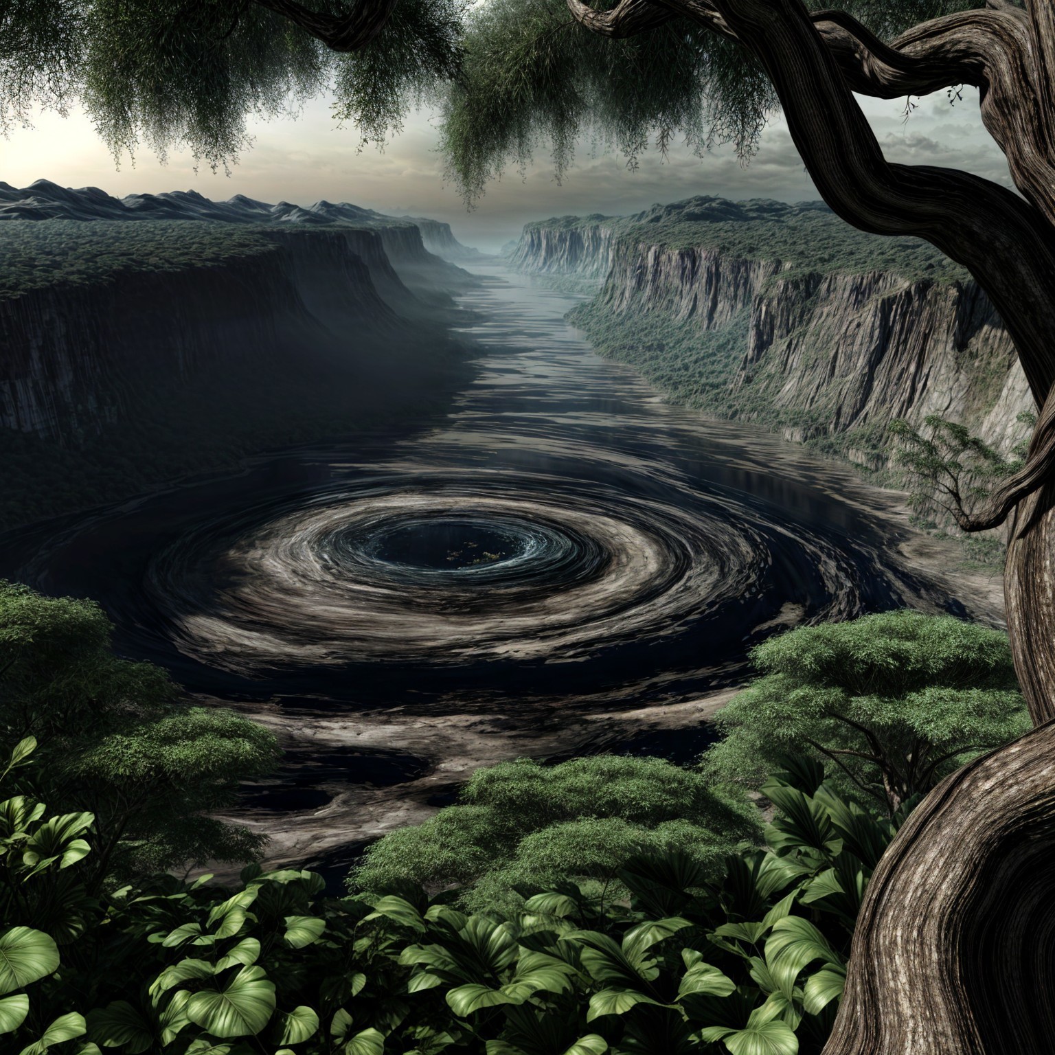 Serene Landscape with Whirlpool and Towering Cliffs