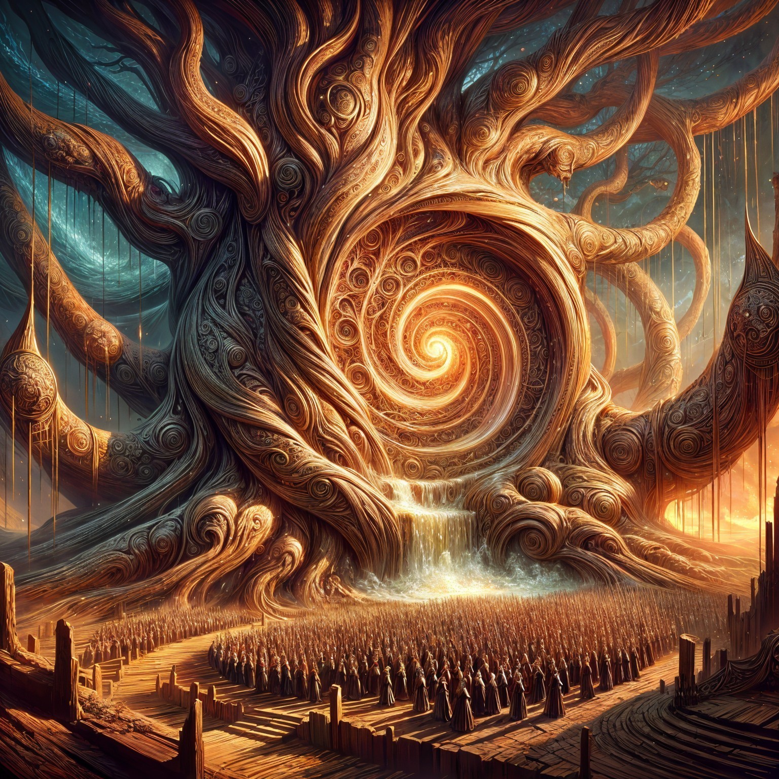 Colossal Carved Tree with Cascading Waterfalls