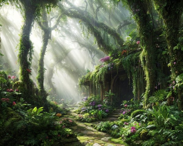 Enchanted Forest with Lush Greenery and Flowers