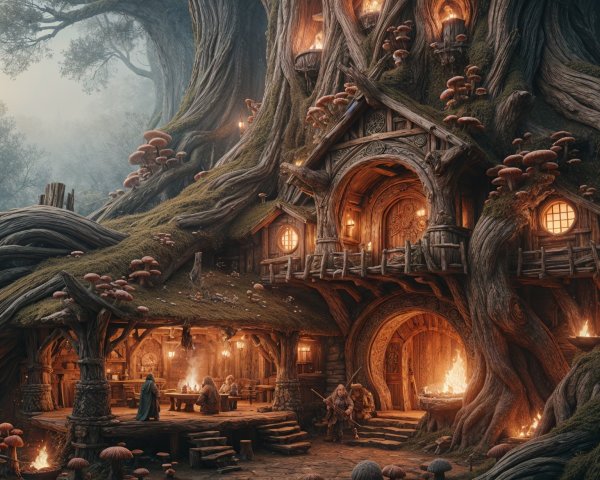 Whimsical Treehouse in a Colossal Tree with Fire