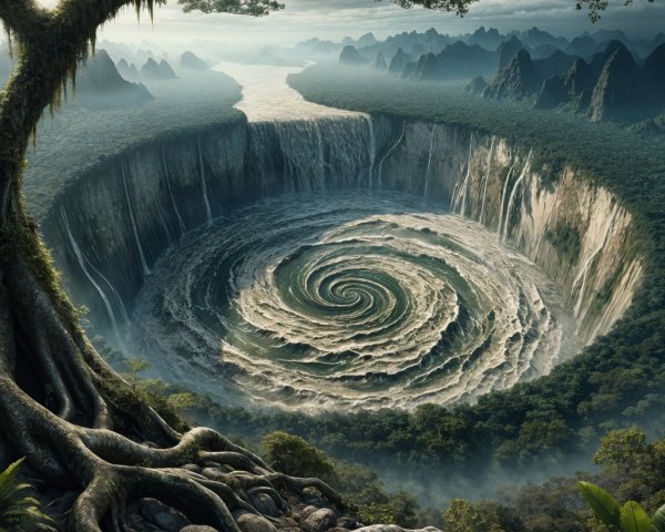 Vortex Landscape with Waterfall and Lush Mountains