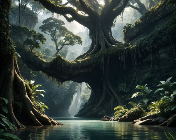 Serene jungle landscape with ancient tree and river
