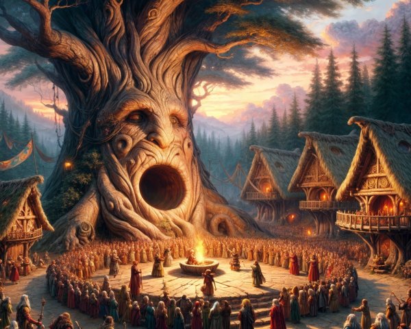 Ancient Tree Overlooks Ceremonial Gathering at Sunset