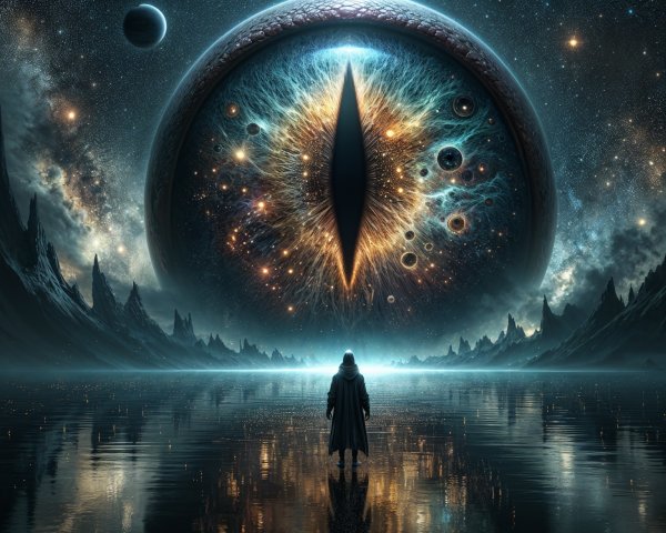 Mysterious Figure at Tranquil Lake with Cosmic Eye