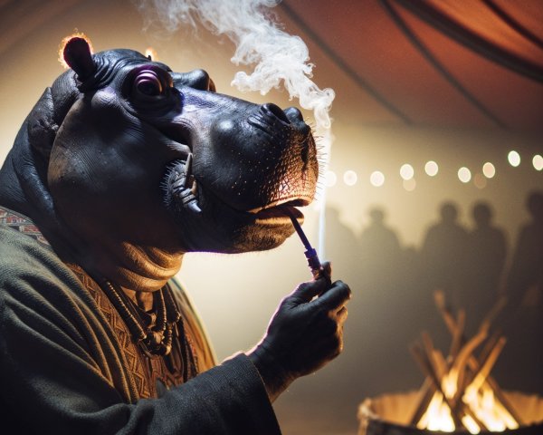 Humanoid hippo in traditional attire in a lit tent