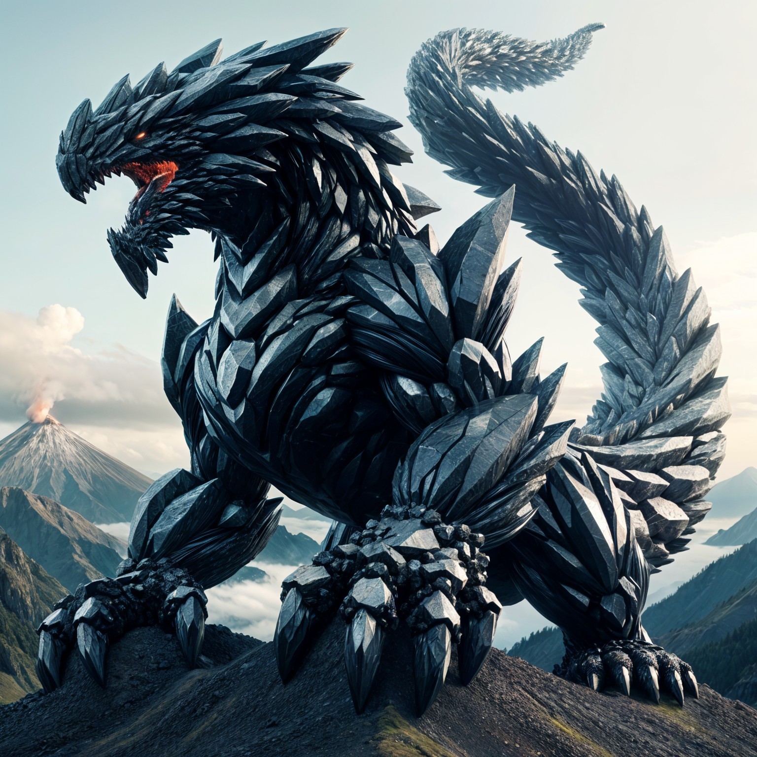 Colossal Creature in Dramatic Volcanic Landscape