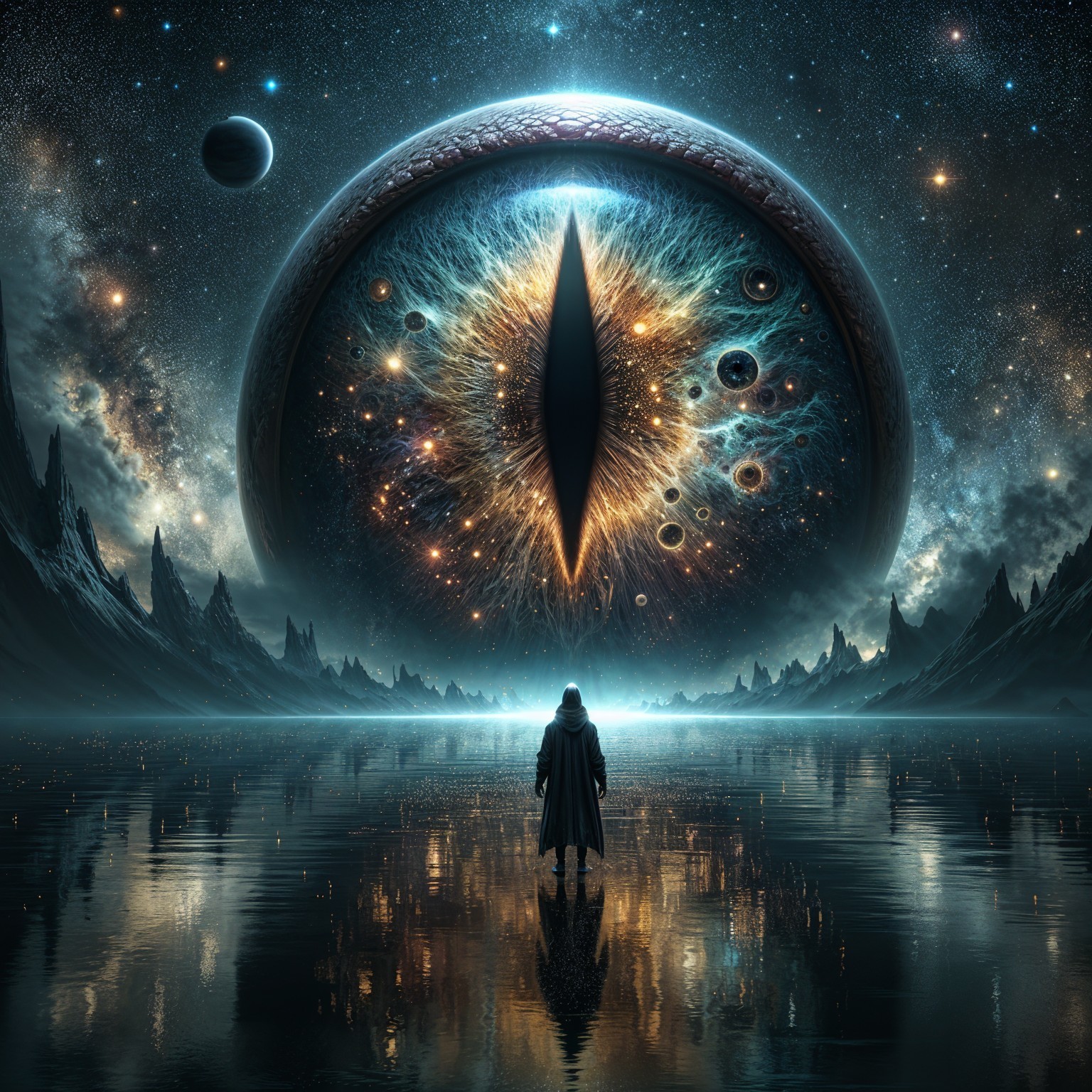 Mysterious Figure at Tranquil Lake with Cosmic Eye