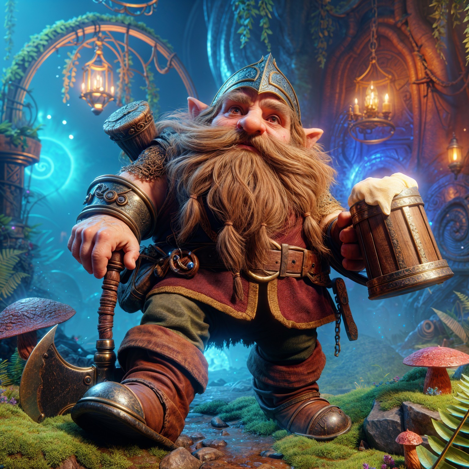 Dwarf in Enchanted Forest with Beer and Axe