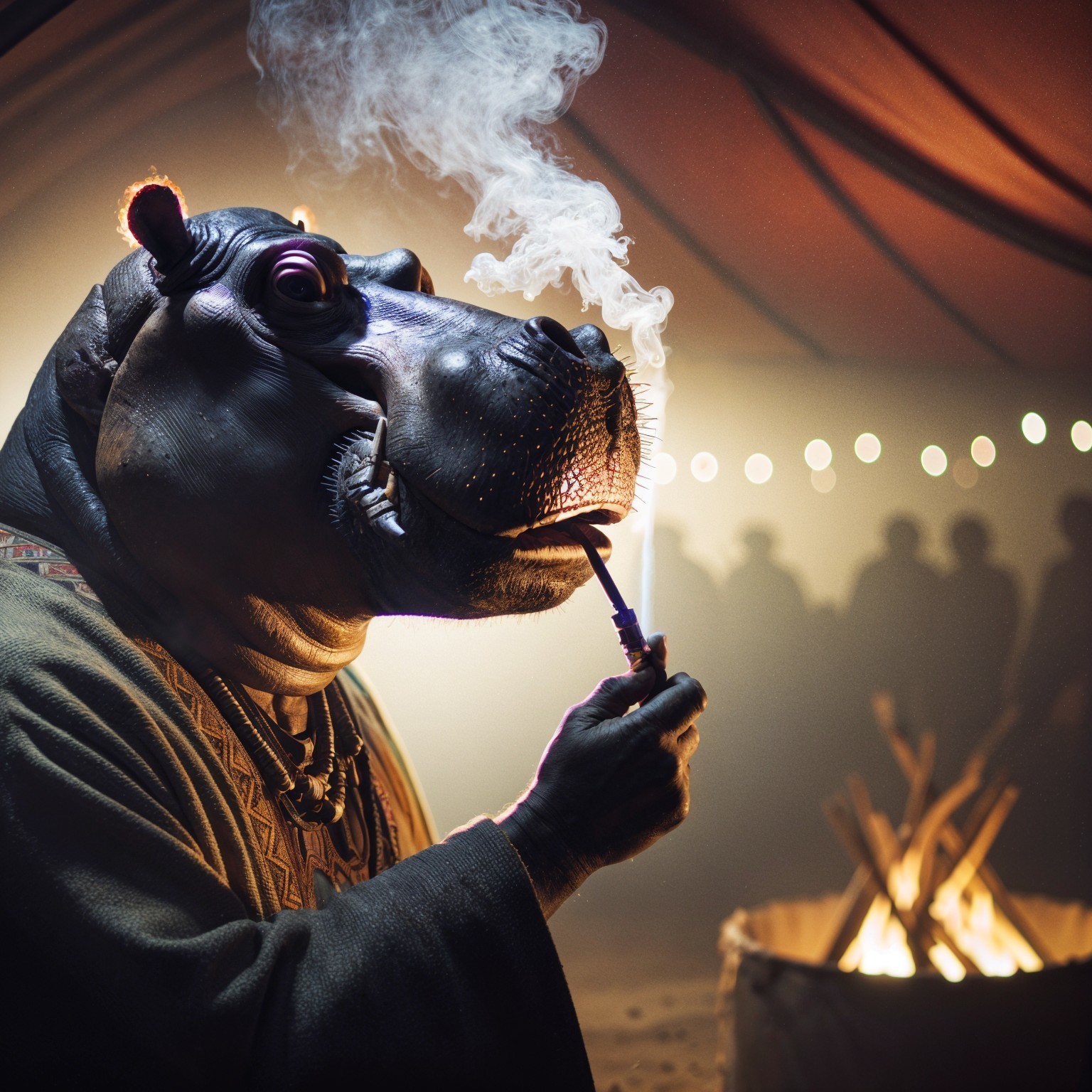 Humanoid hippo in traditional attire in a lit tent