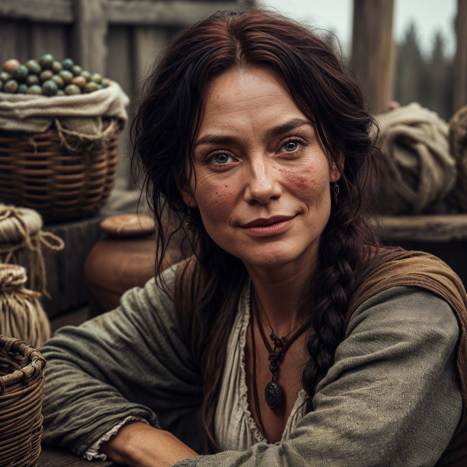 Woman at Rustic Table in Historical Setting