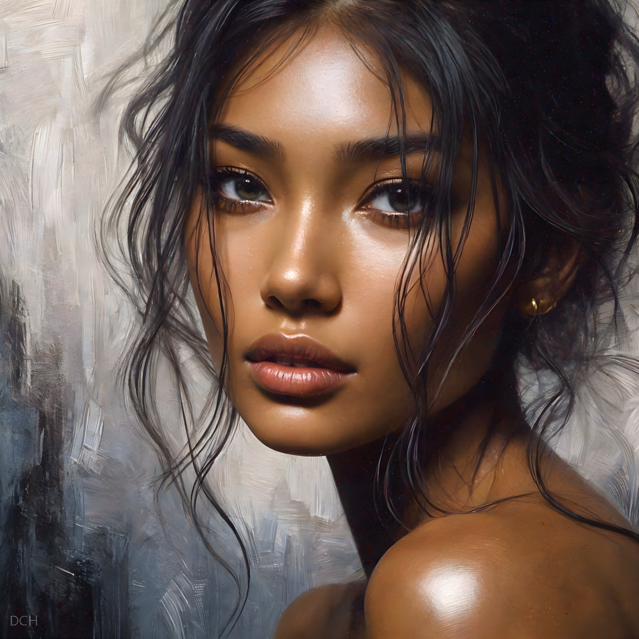 Portrait of Woman with Tan Skin and Dark Hair on Abstract Background