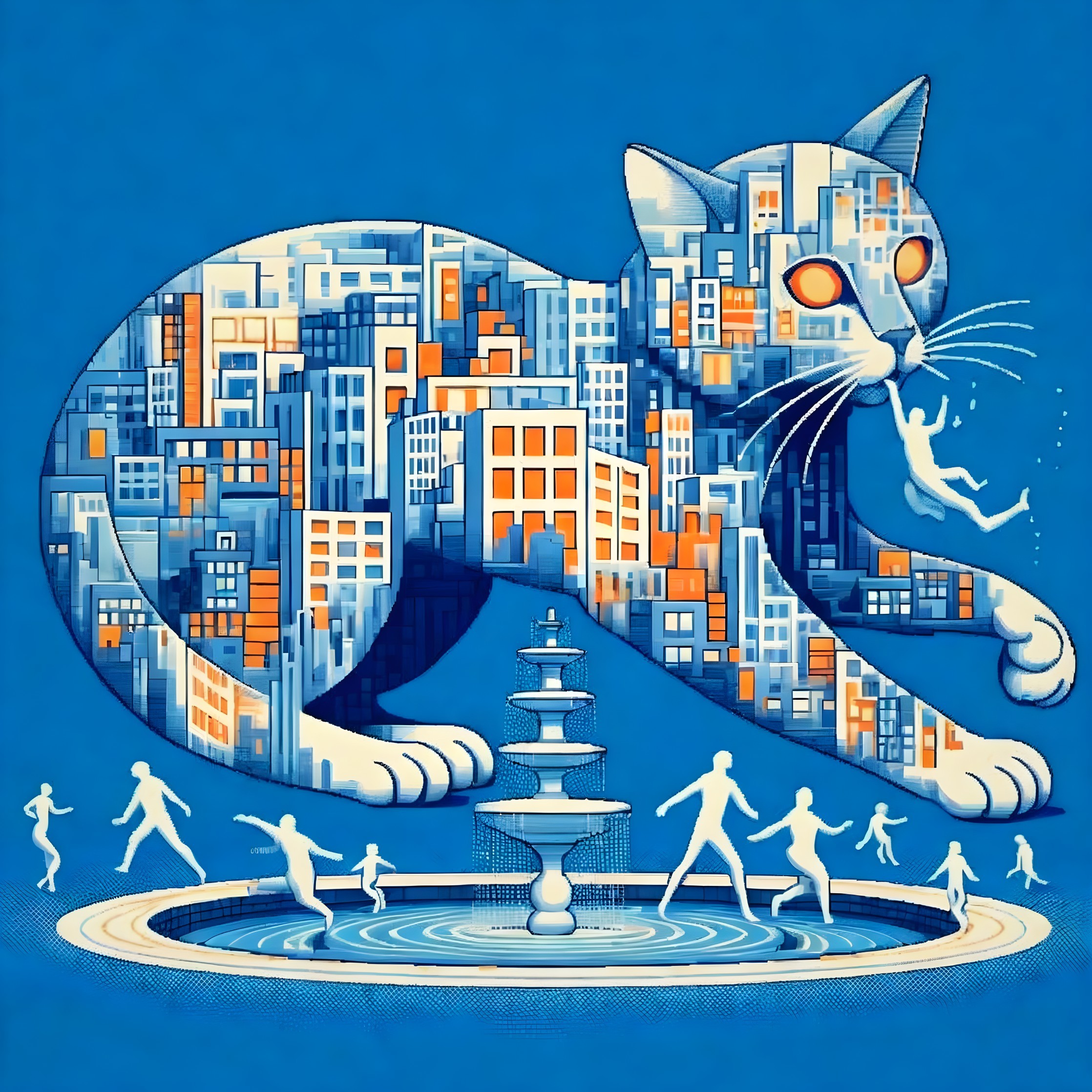 Stylized illustration: Giant cat made of cityscape elements and tiny human figures