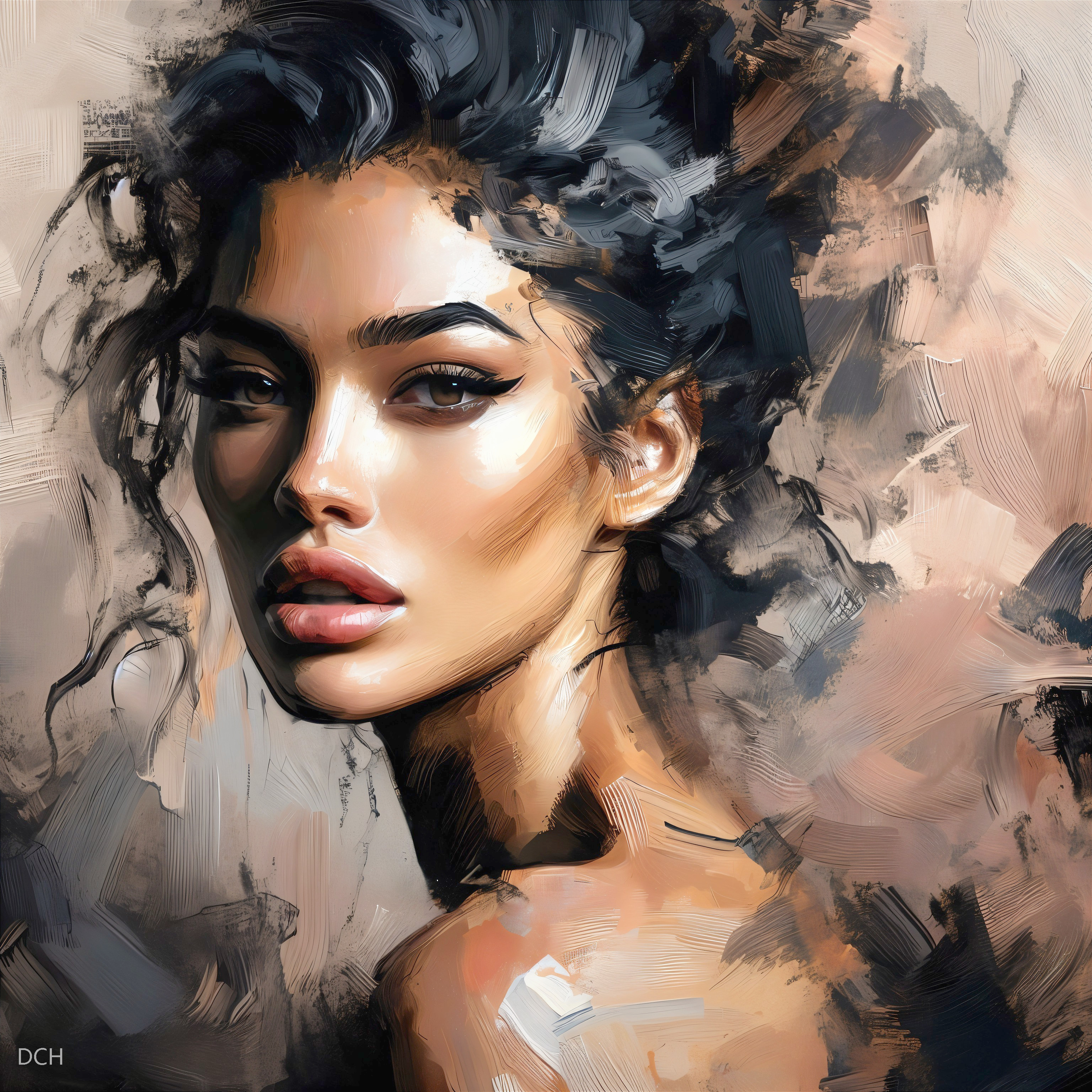 Portrait of a Woman with Tousled Hair and Bold Makeup