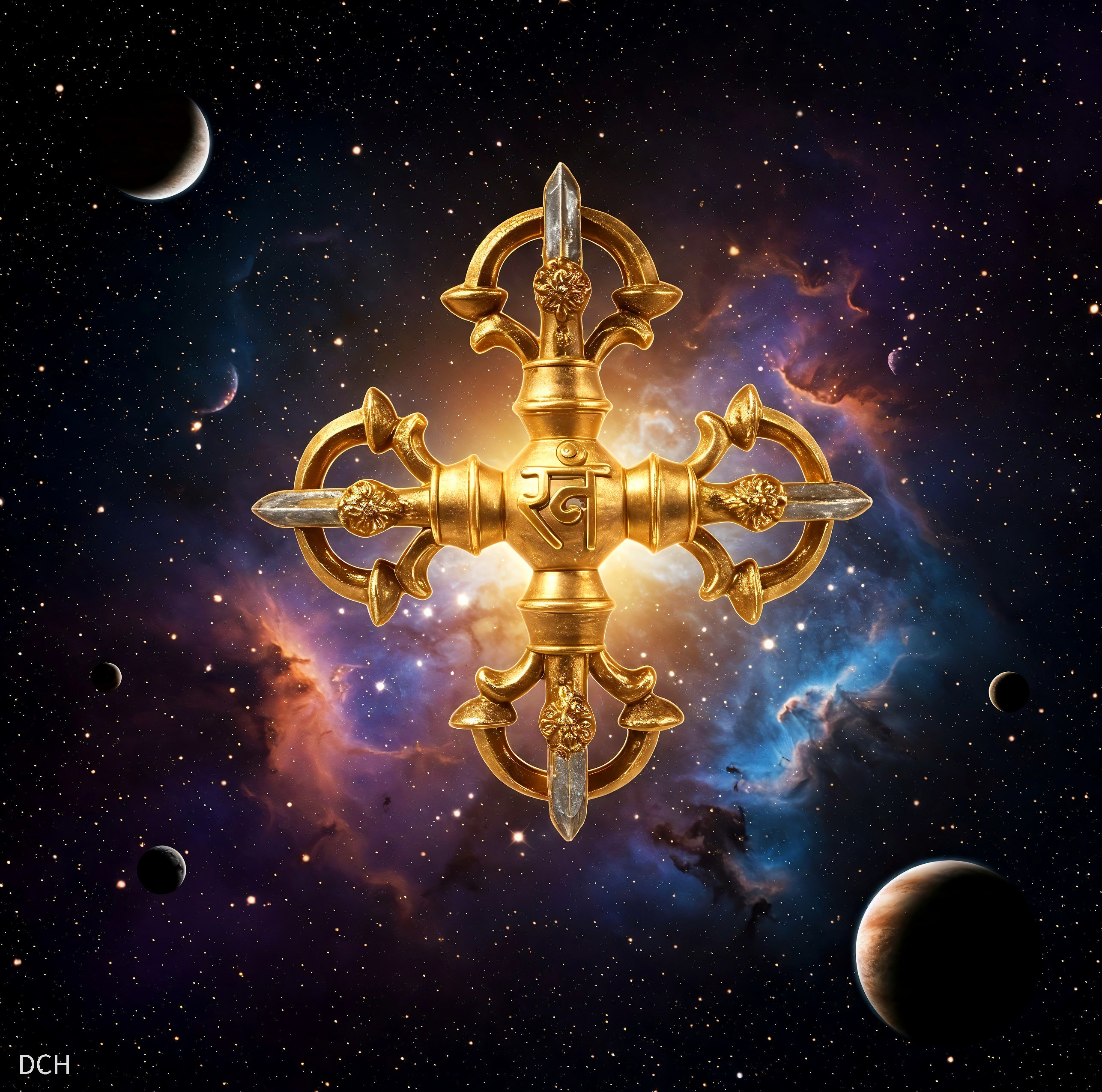 Golden Dorje Symbol Against Cosmic Nebula Background
