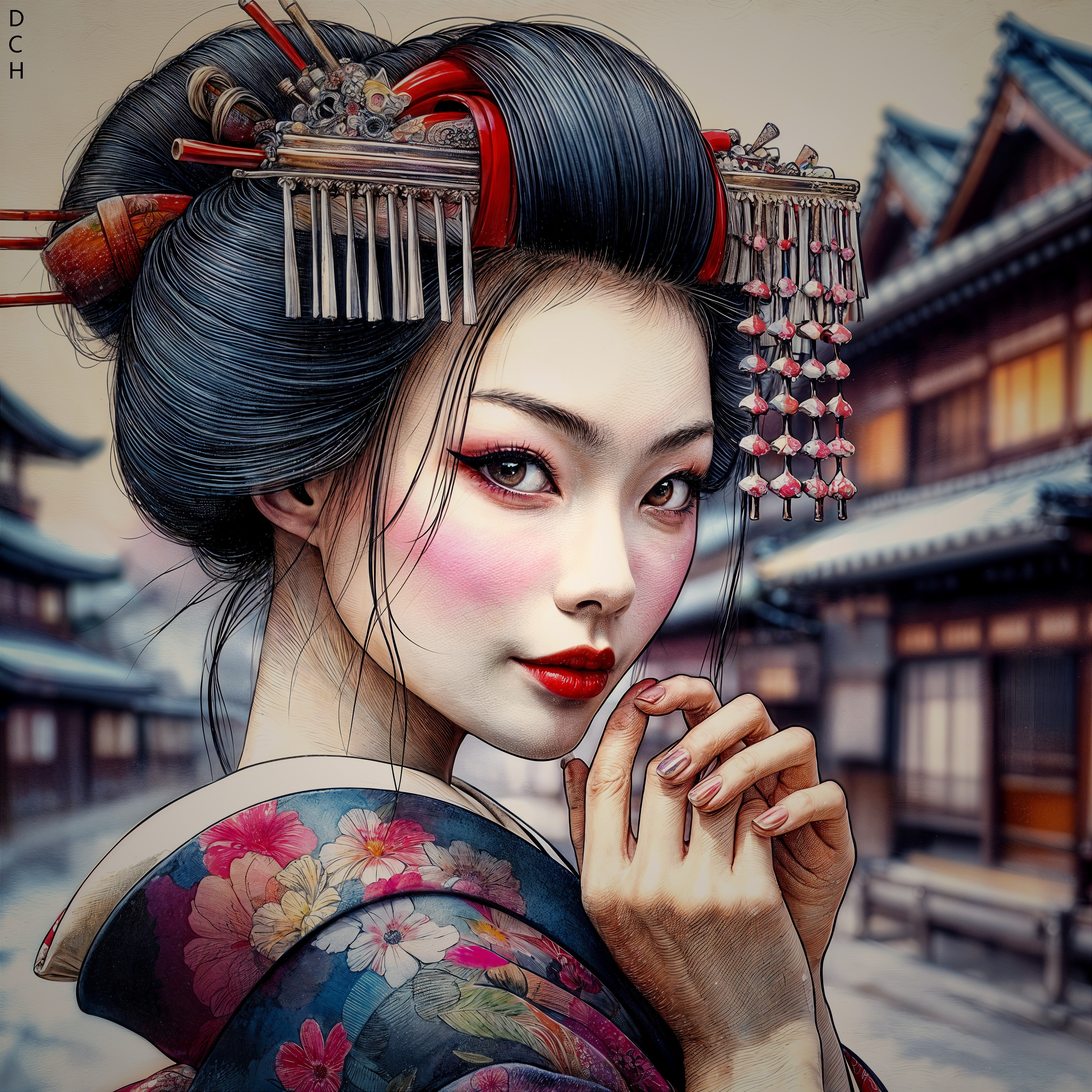 Young Woman in Floral Kimono Against Historic Architecture