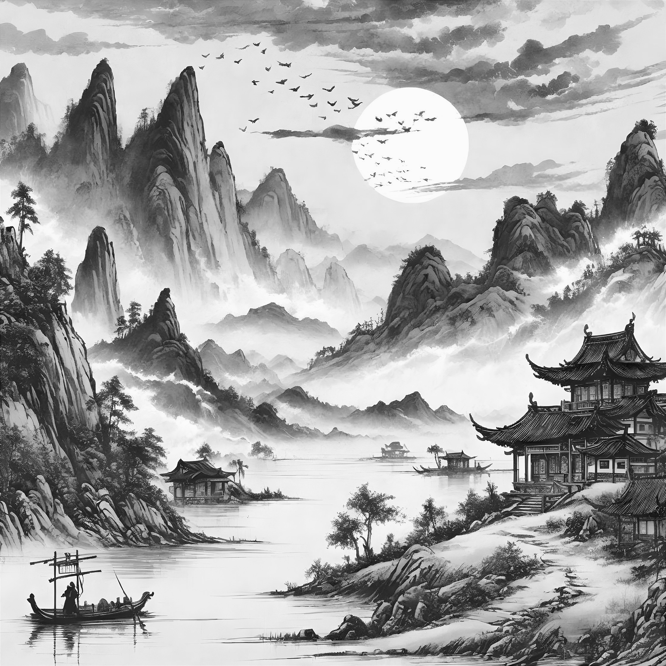 Serene Black-and-White Landscape with Mountains and River