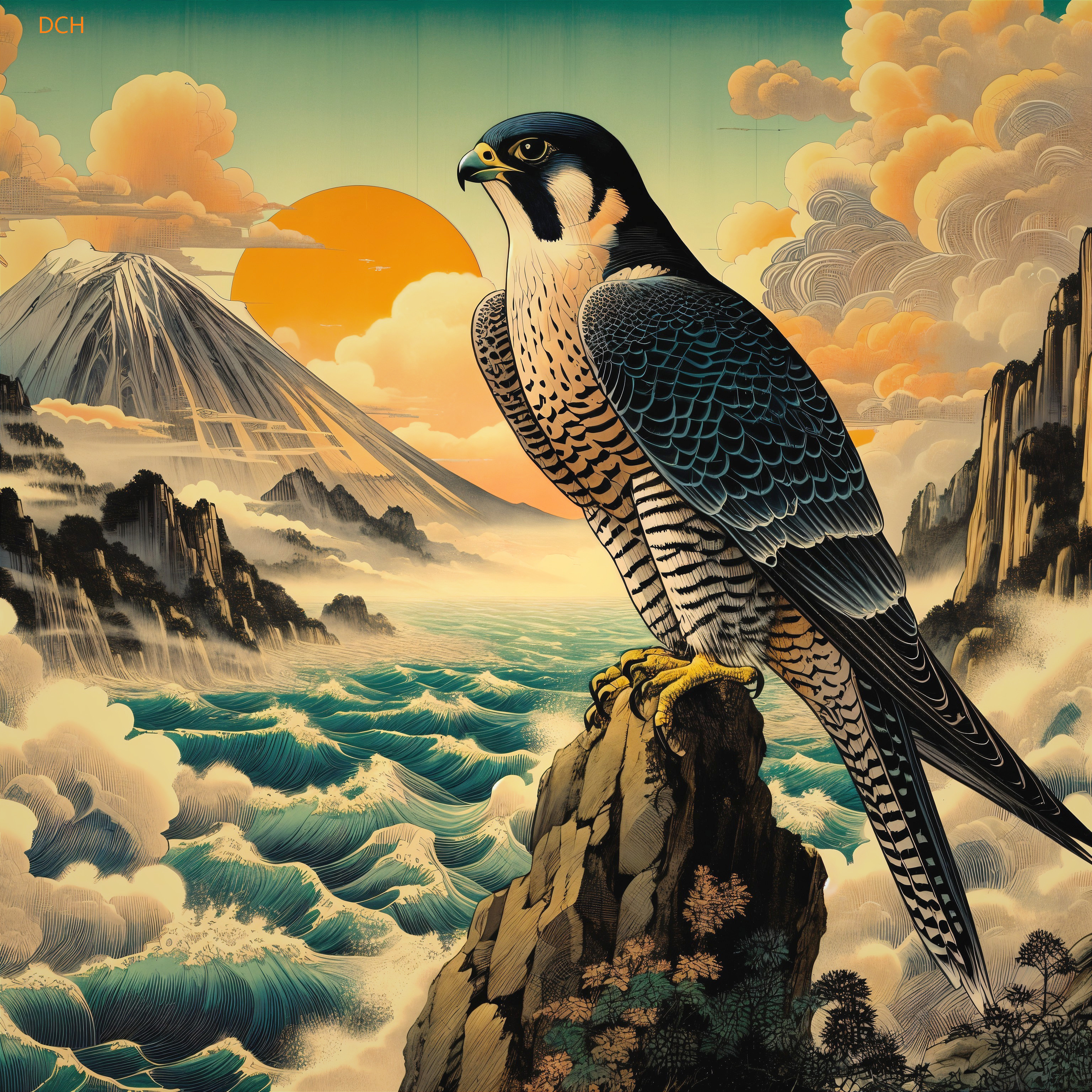 Falcon on Rocky Outcrop Overlooking Scenic Landscape