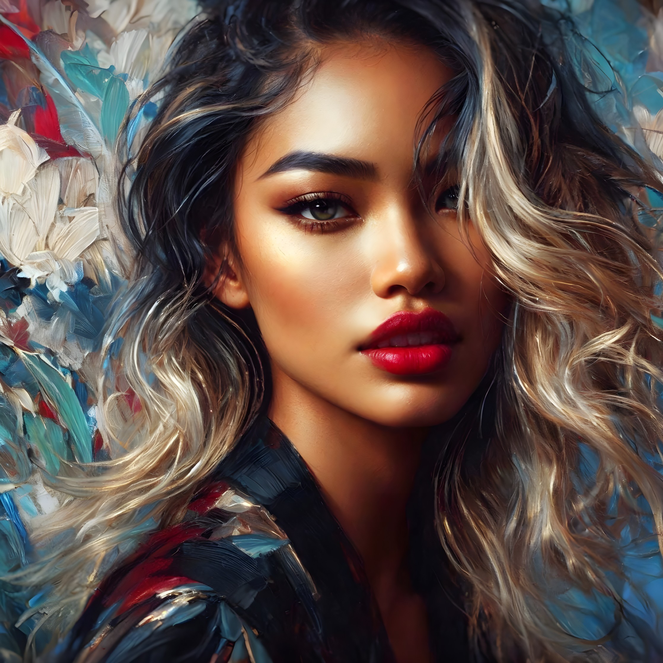 Portrait of woman with curly hair, winged eyeliner, red lipstick, colorful background