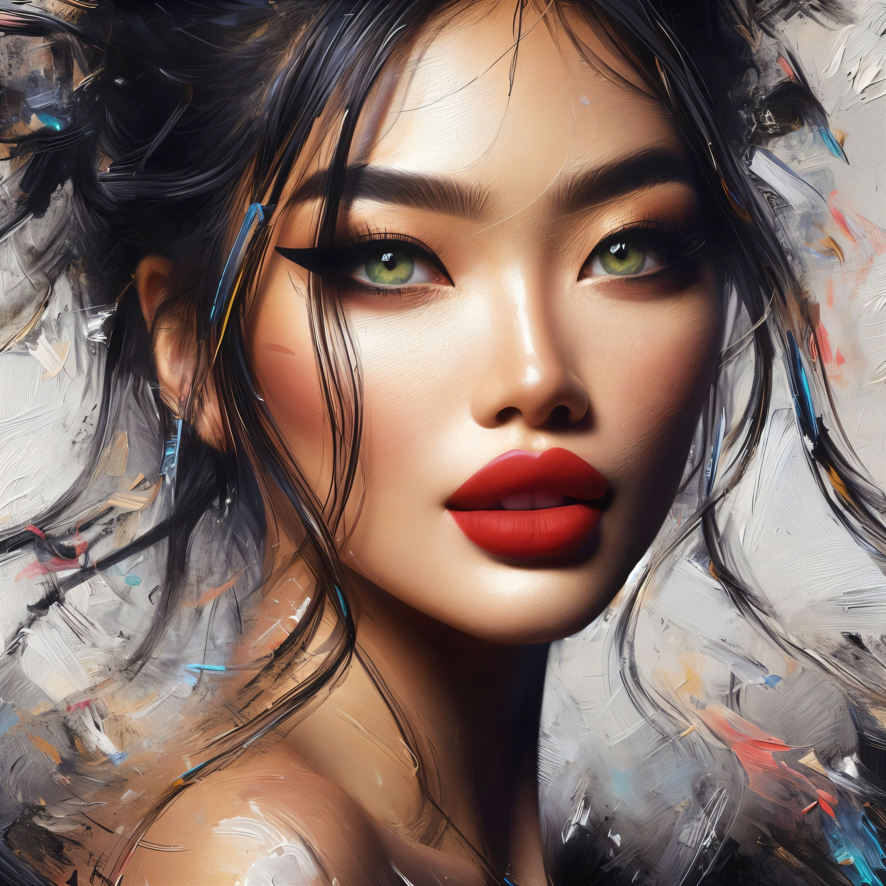 Portrait of a woman with green eyes and red lips