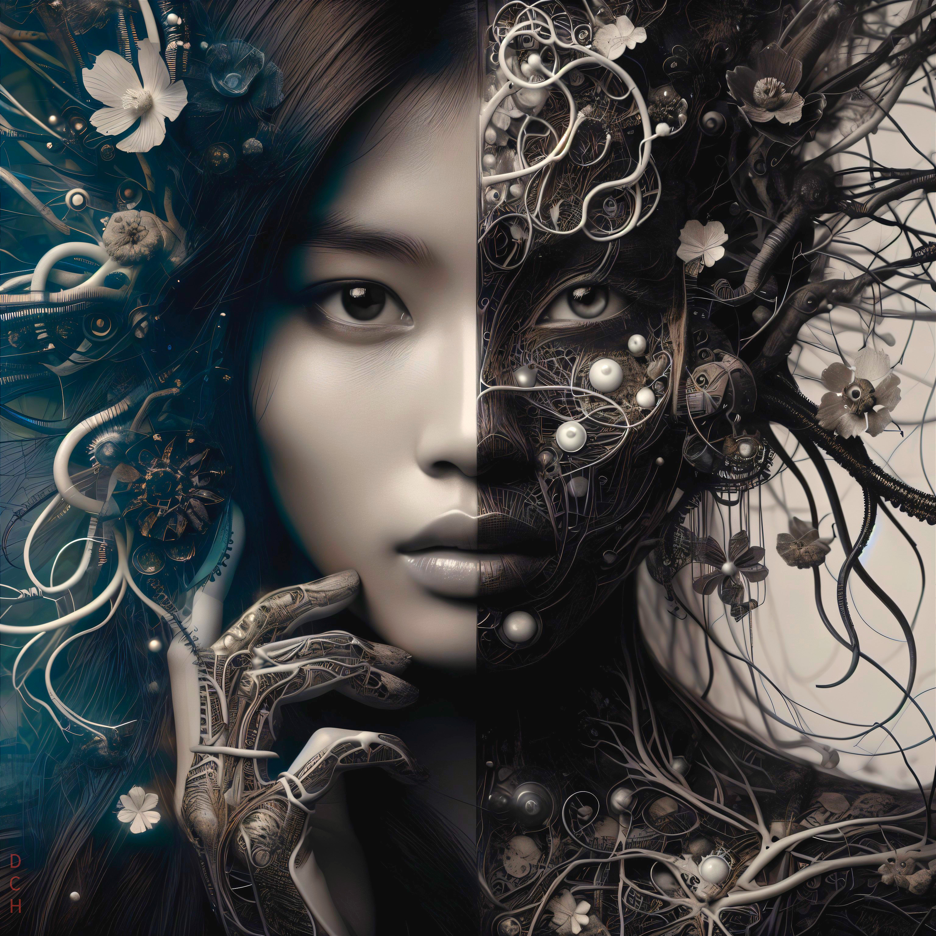 Split Portrait of Woman: Nature Meets Technology