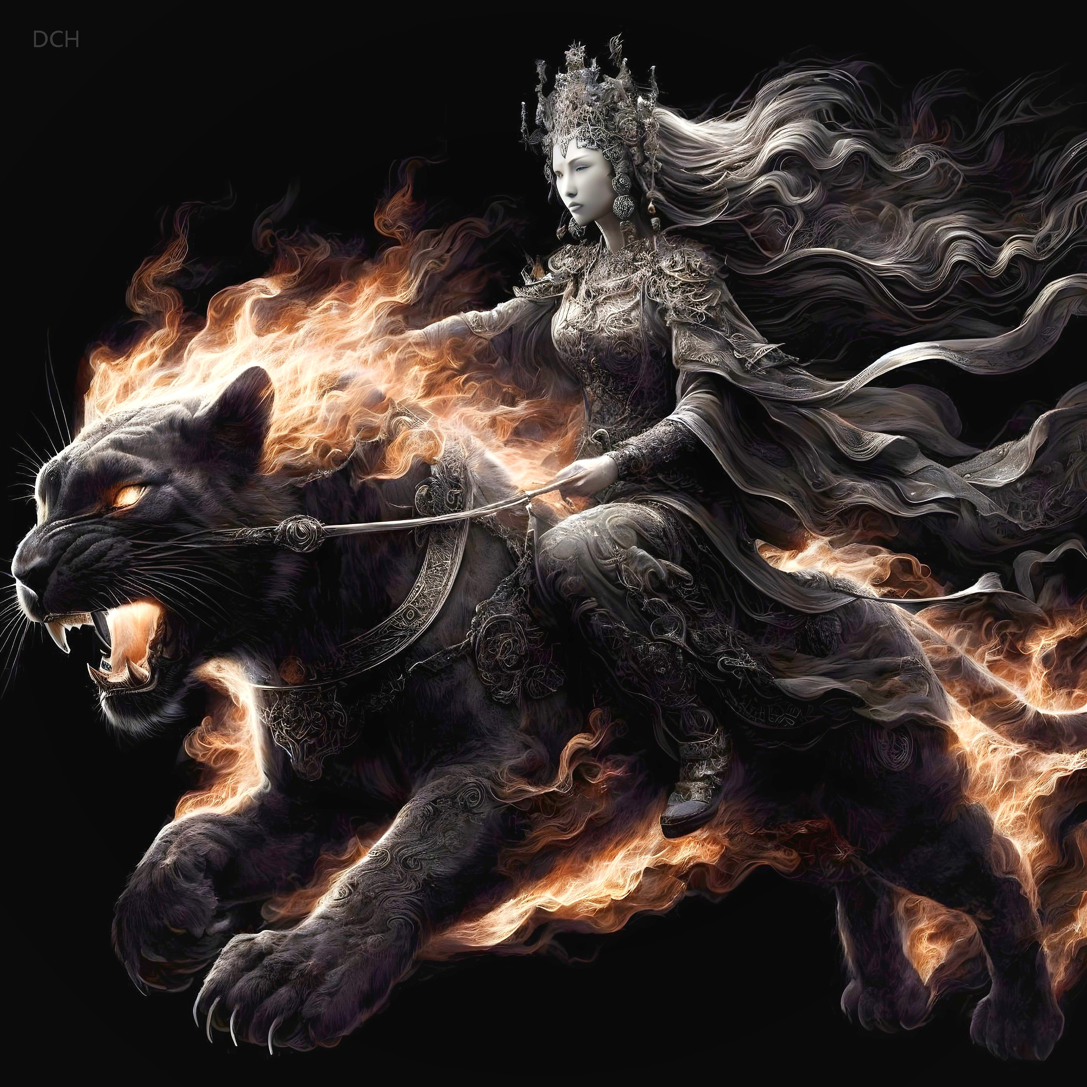 Warrior in Armor Riding Black Panther with Flames