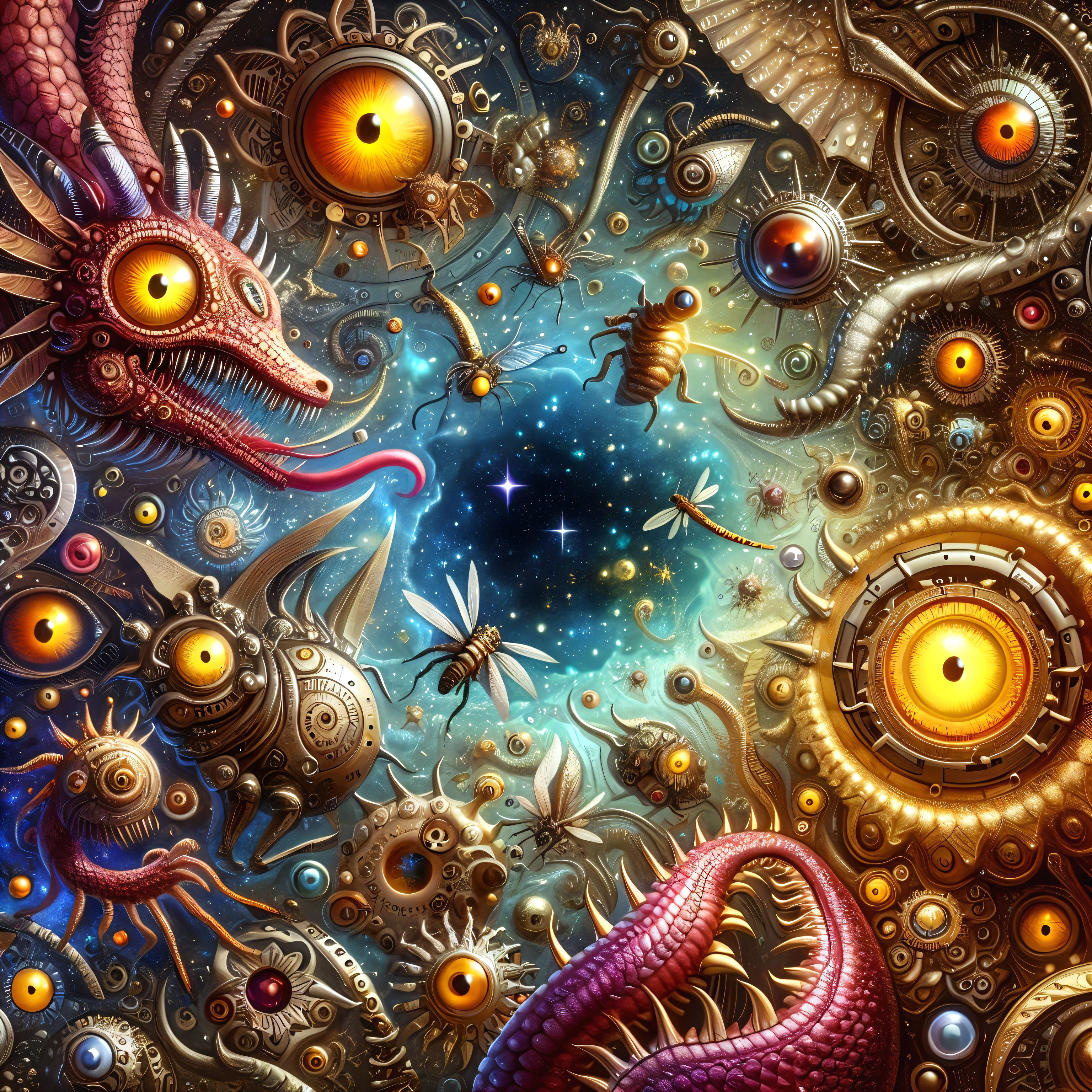 Surreal Scene with Dragons and Mechanical Creatures
