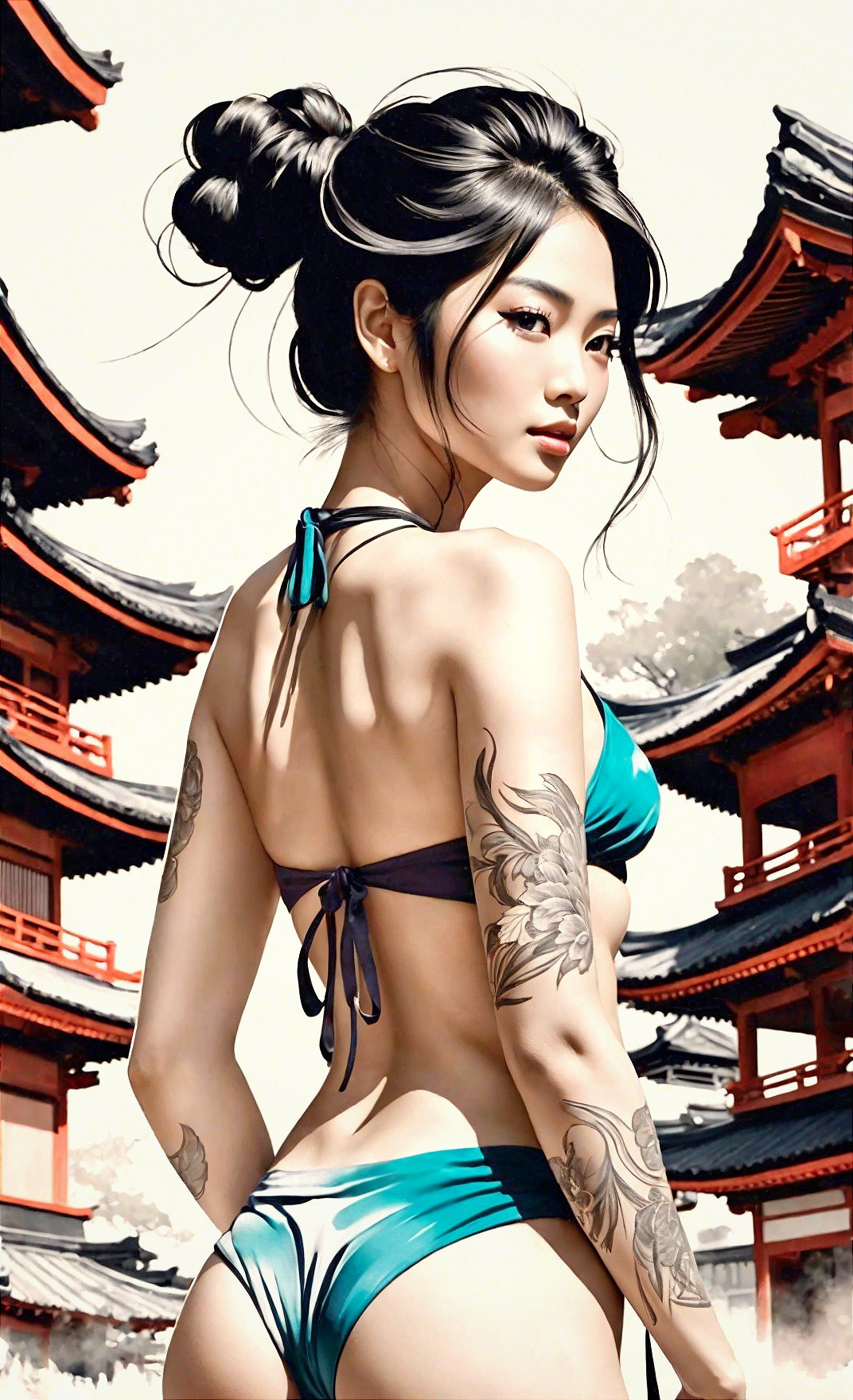 Young Woman in Bikini with Tattoos and Pagodas Background