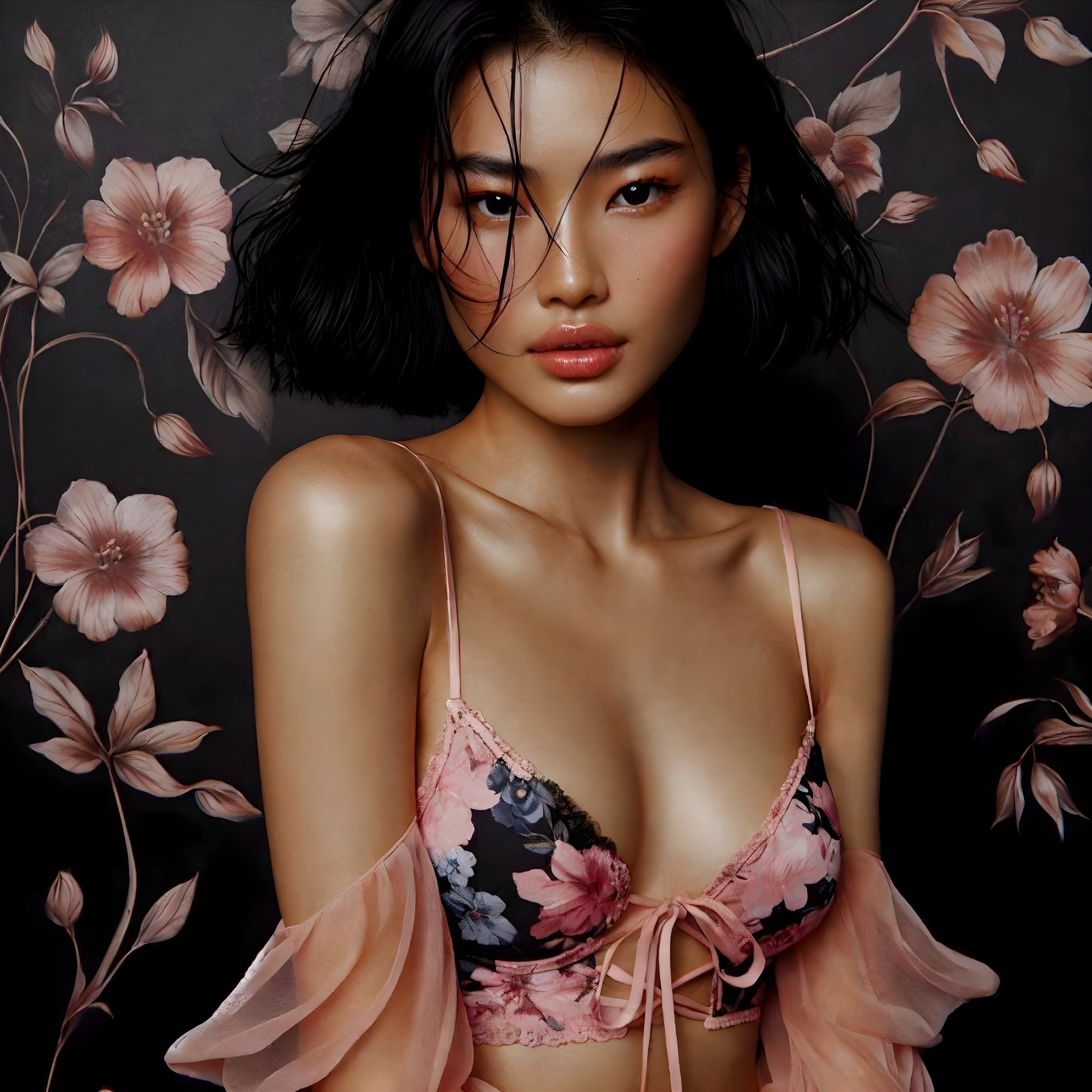 Woman in Floral Top Against Dark Floral Background