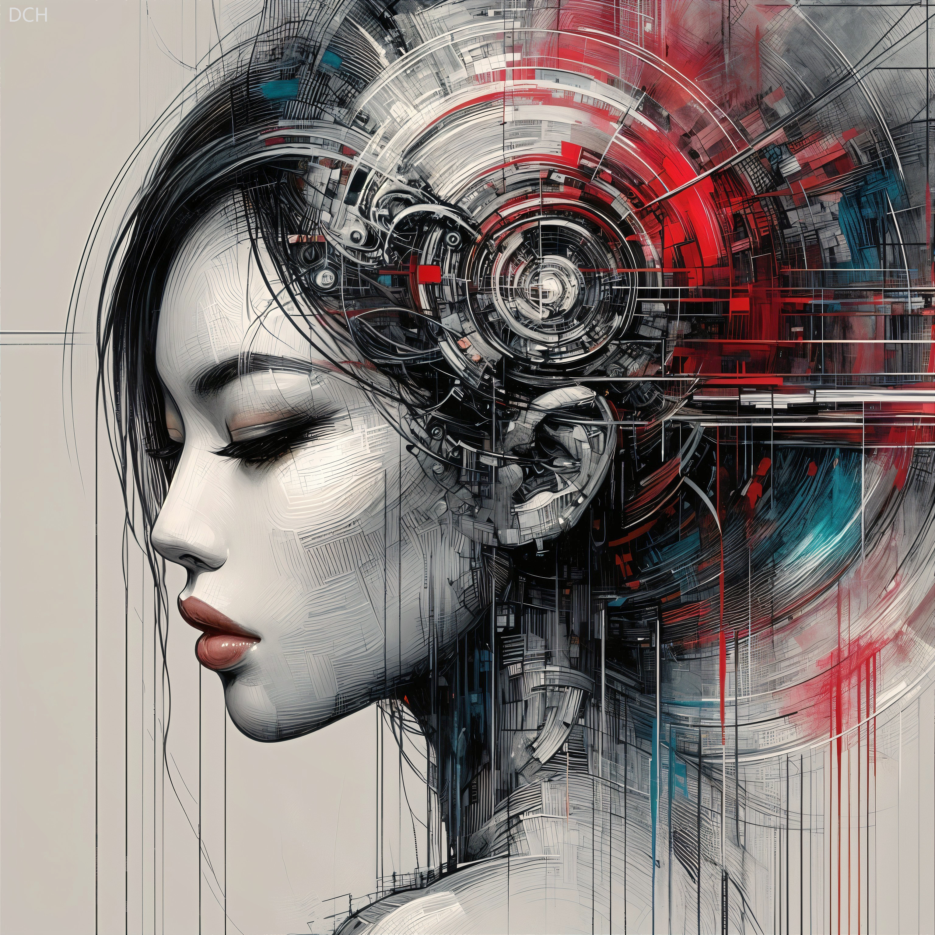 Stylized Profile of Woman with Mechanical Elements