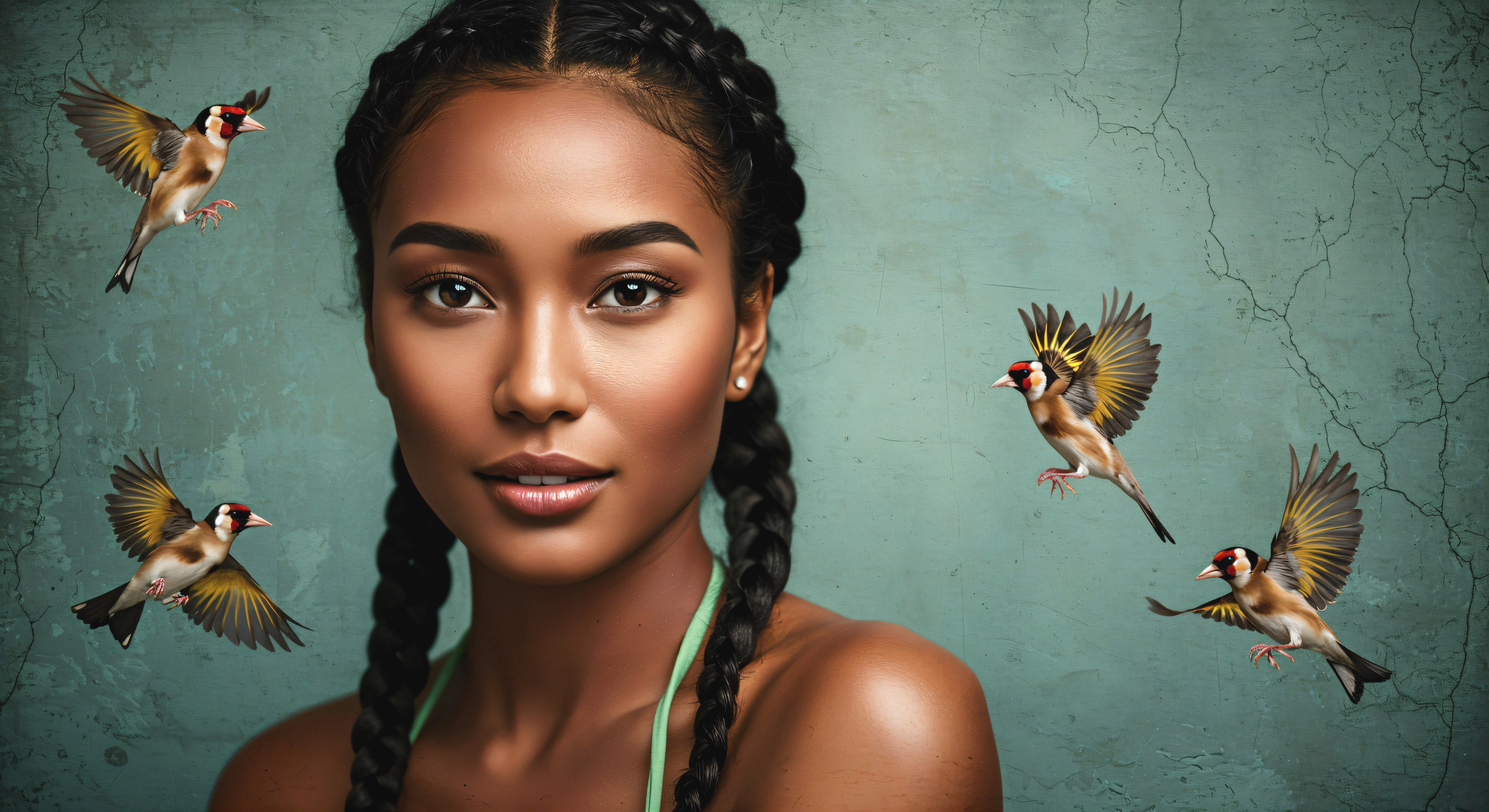 Portrait of a woman with braids and colorful birds