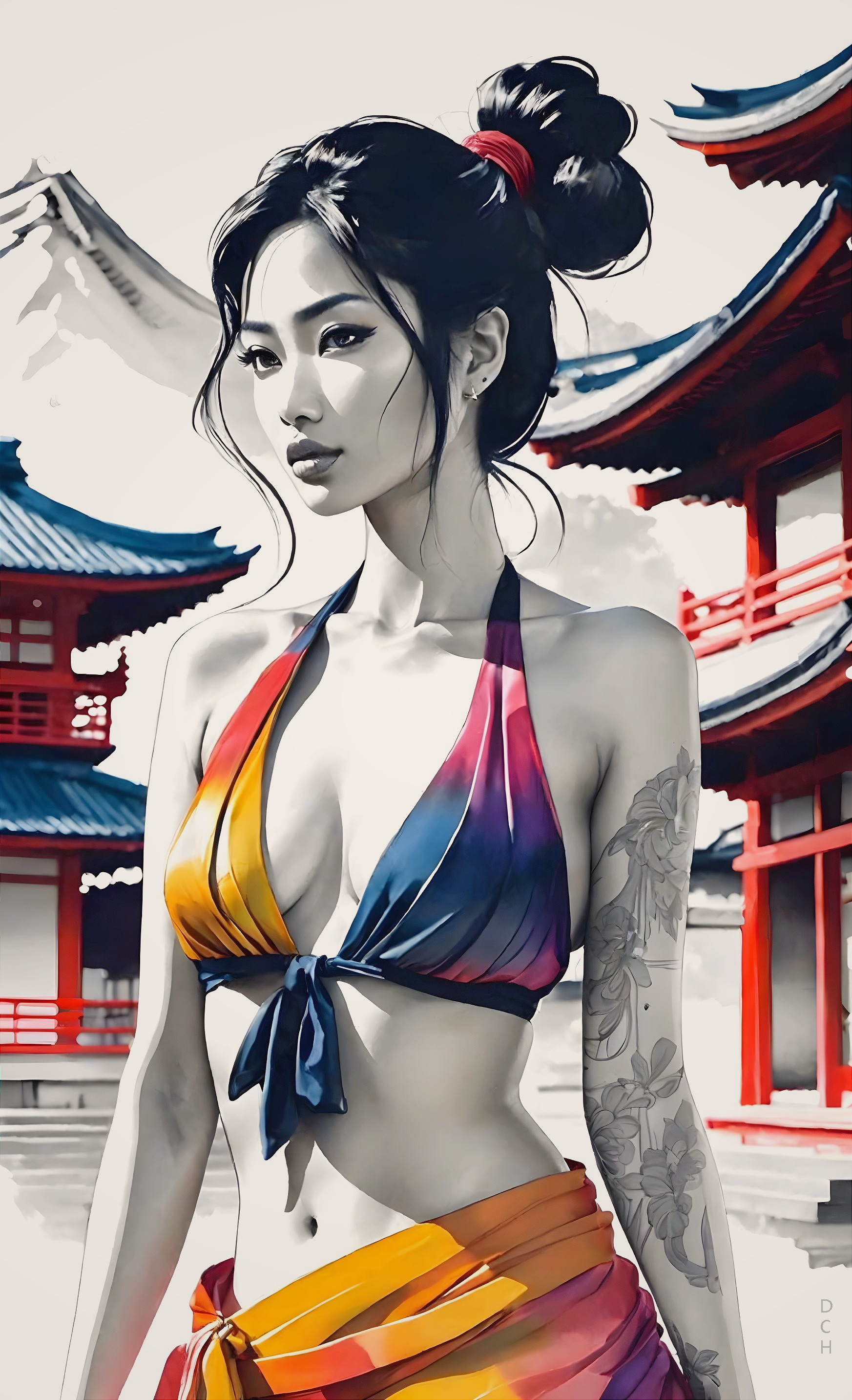 Woman in Colorful Bikini Against Japanese Architecture