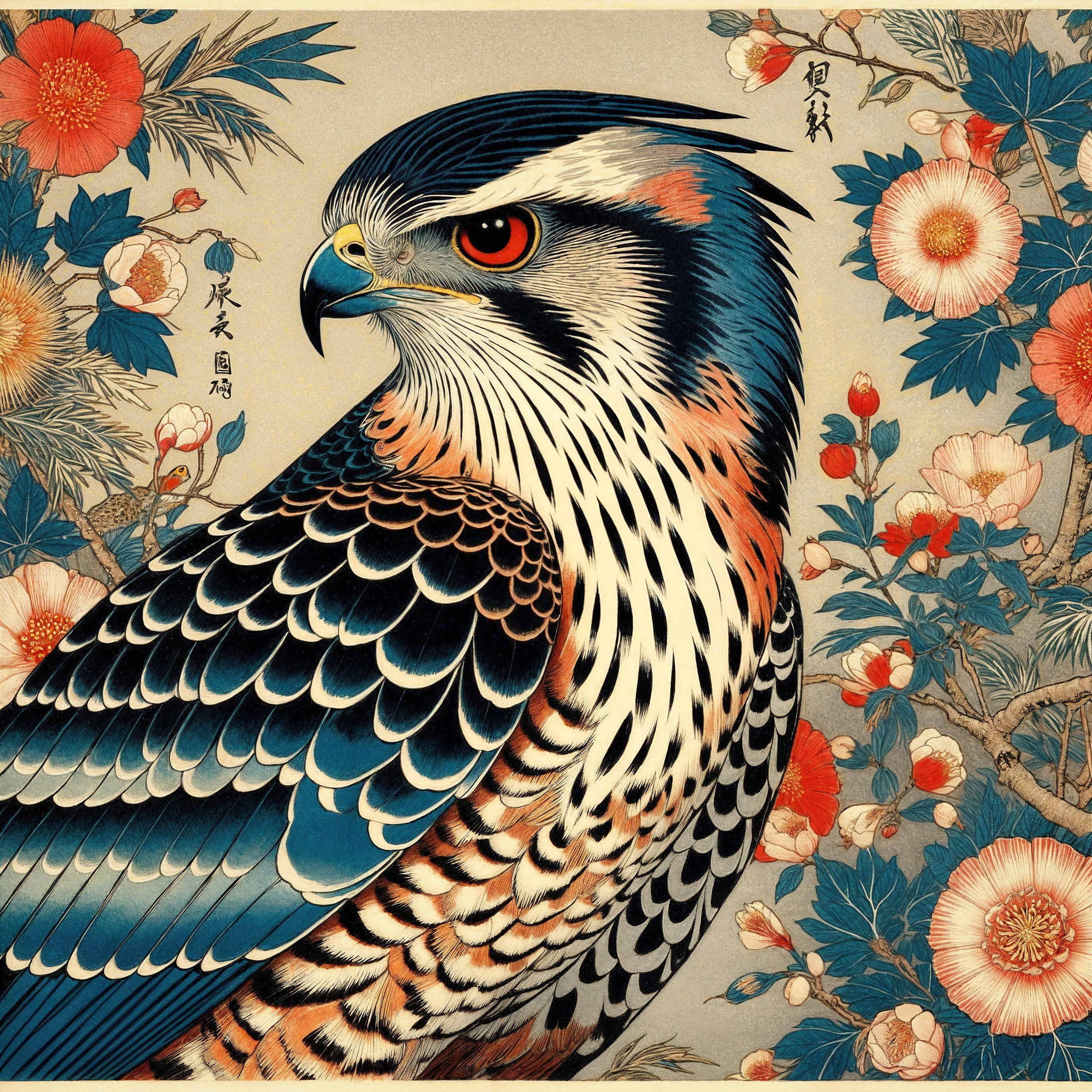 Detailed Illustration of a Hawk with Floral Patterns