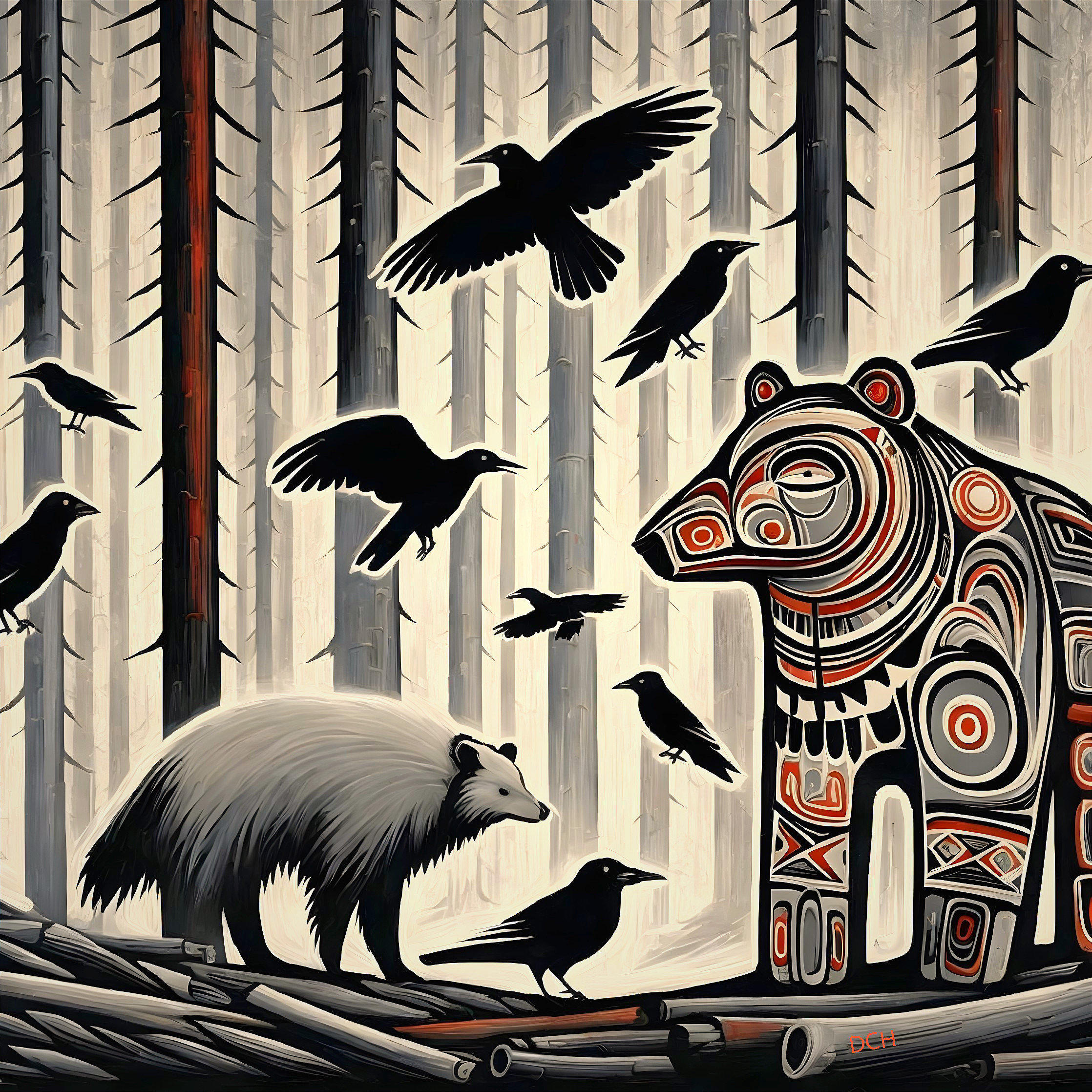 Bear and Opossum in Stylized Forest with Crows