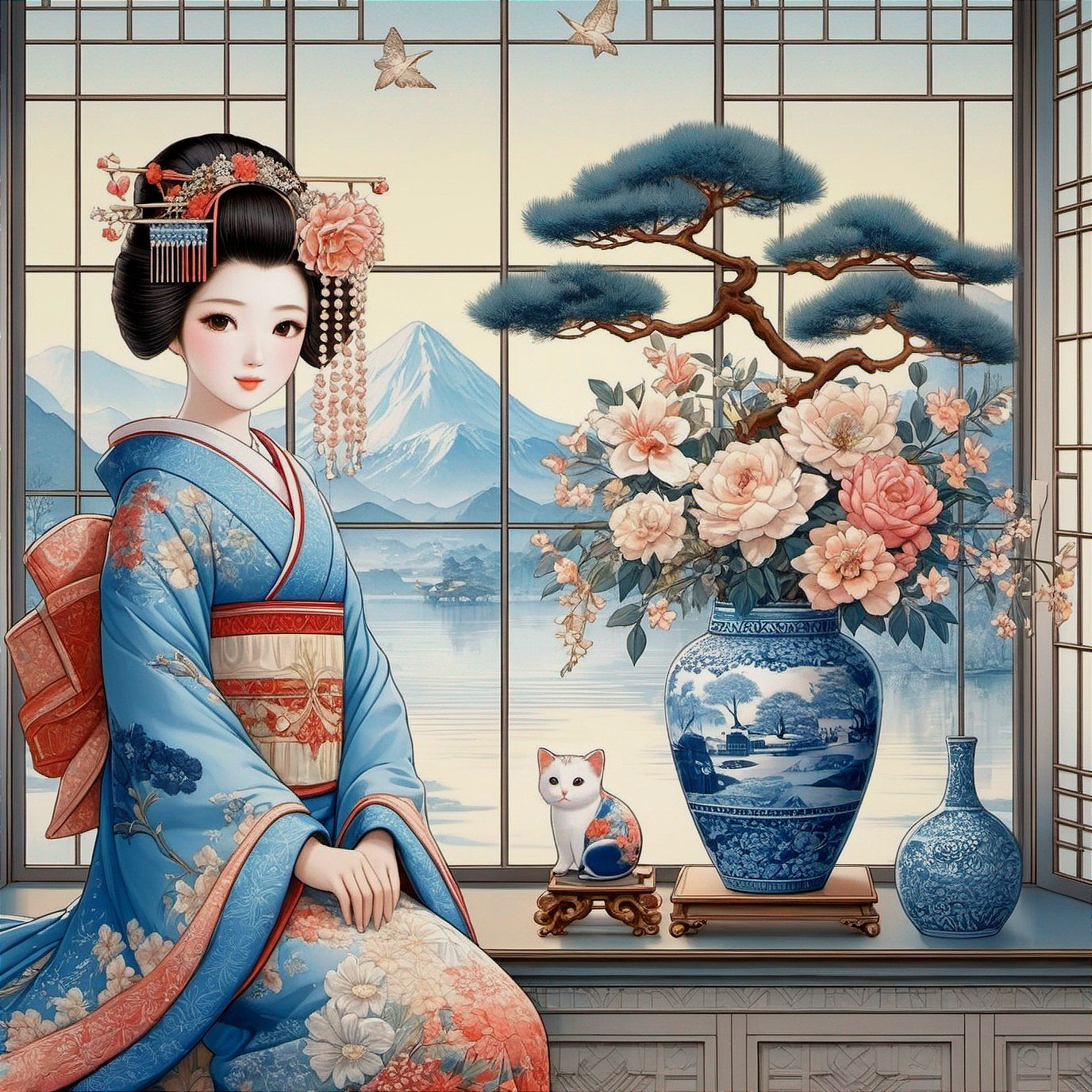 Serene Woman in Kimono with Peonies and Landscape