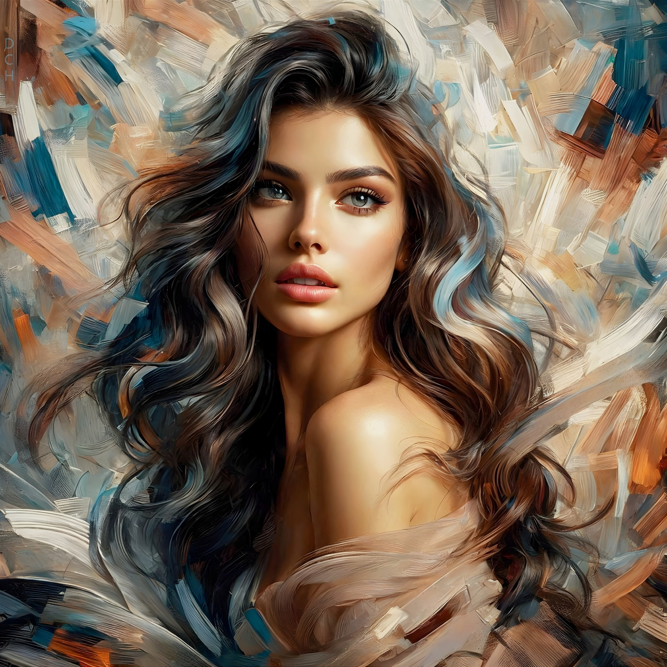 Portrait of a Young Woman with Wavy Hair and Earthy Background
