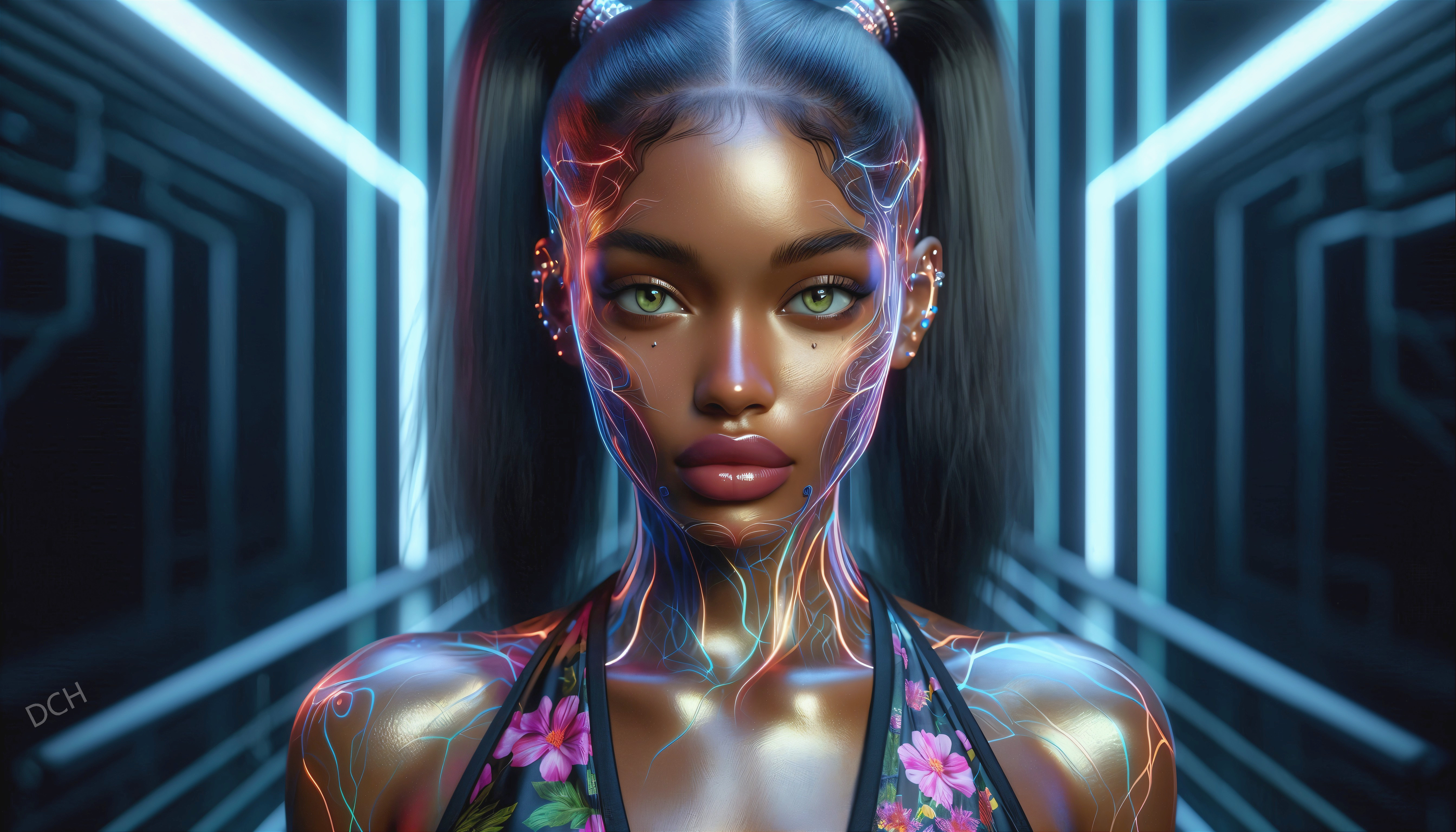 Futuristic female figure with glowing circuit patterns