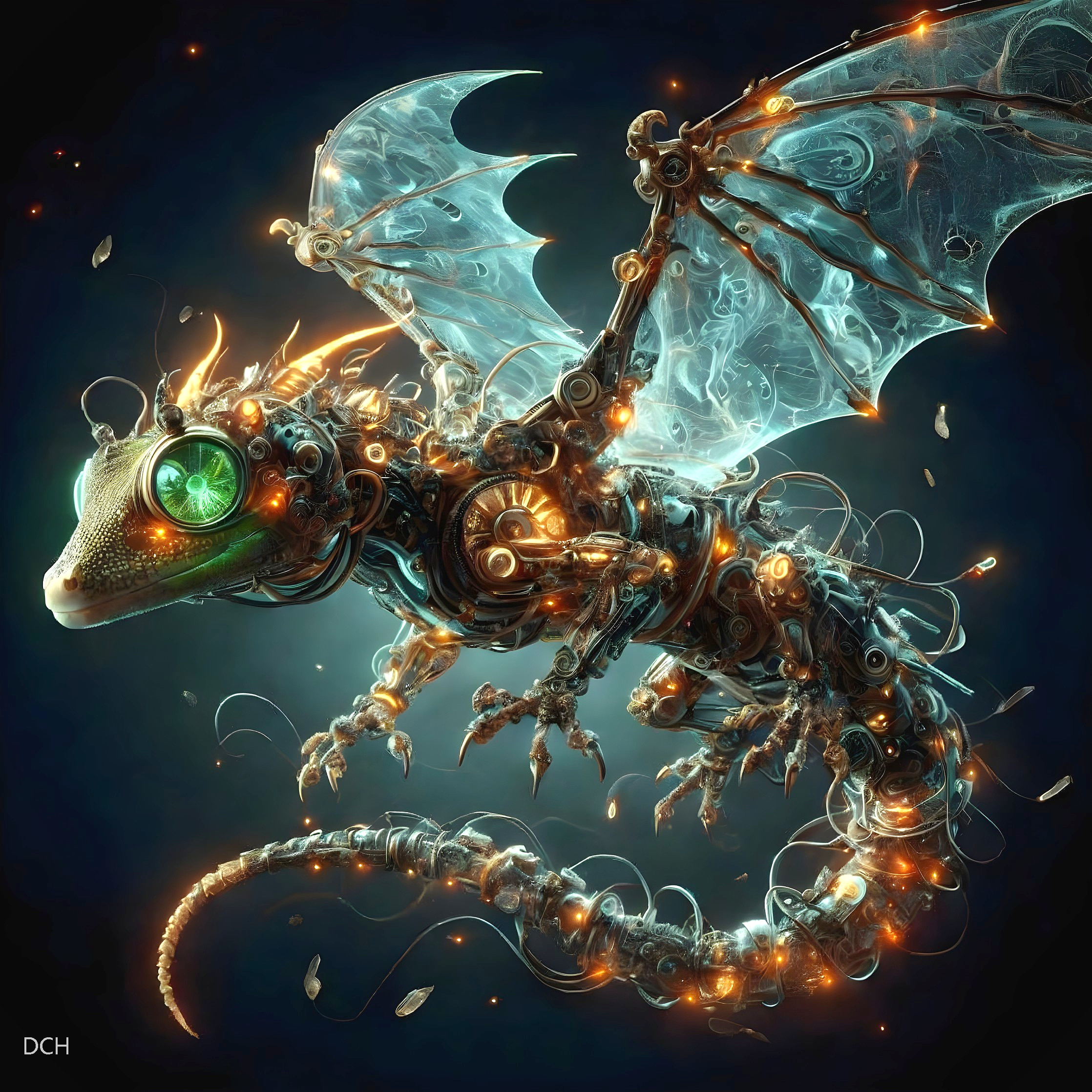 Intricate mechanical dragon with glowing green eyes and translucent wings