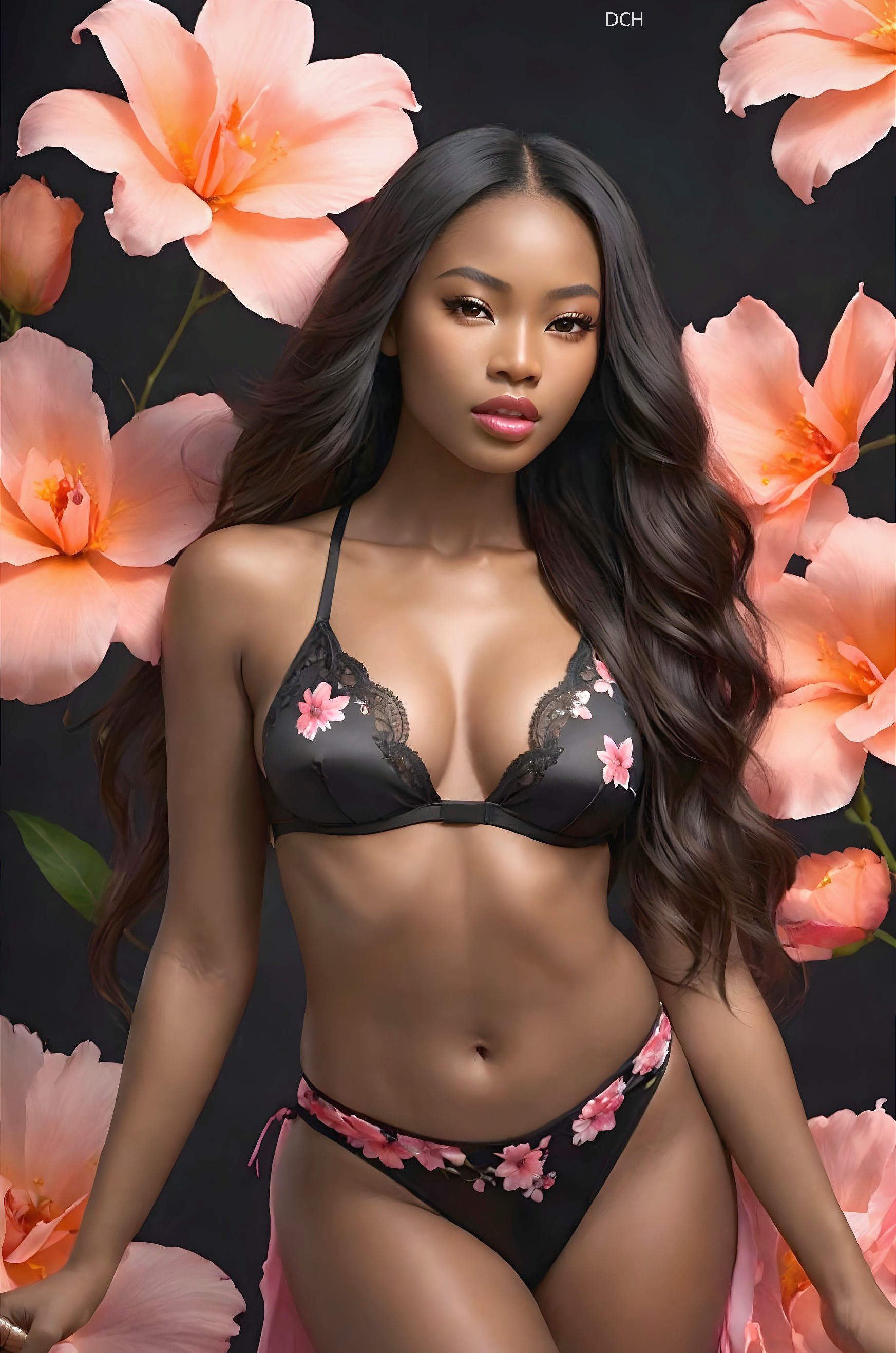 Confident Woman in Floral Bikini Surrounded by Hibiscus