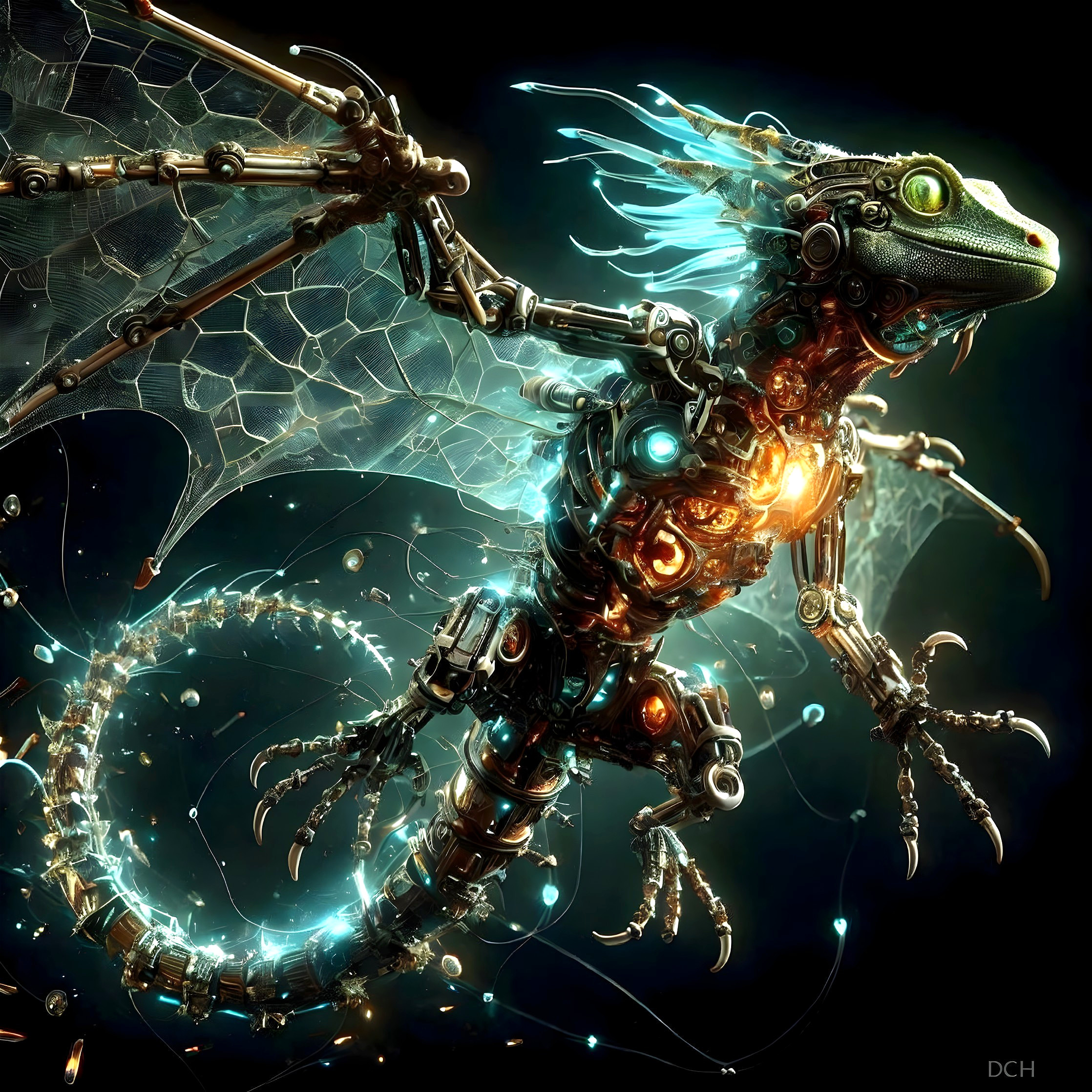 Detailed Cybernetic Dragon Artwork with Glowing Blue Energy Circuits