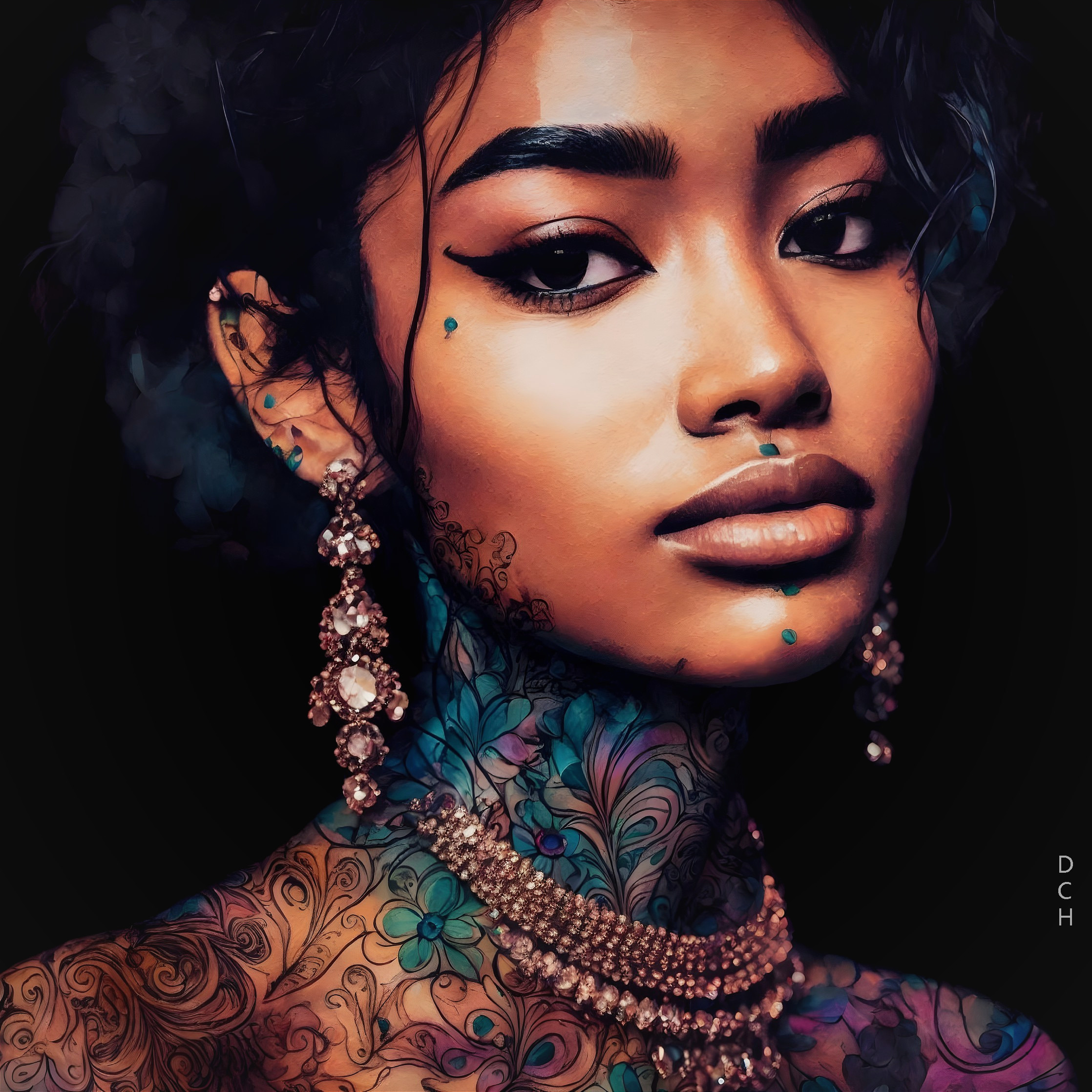 Portrait of a Woman with Intricate Tattoos and Jewelry